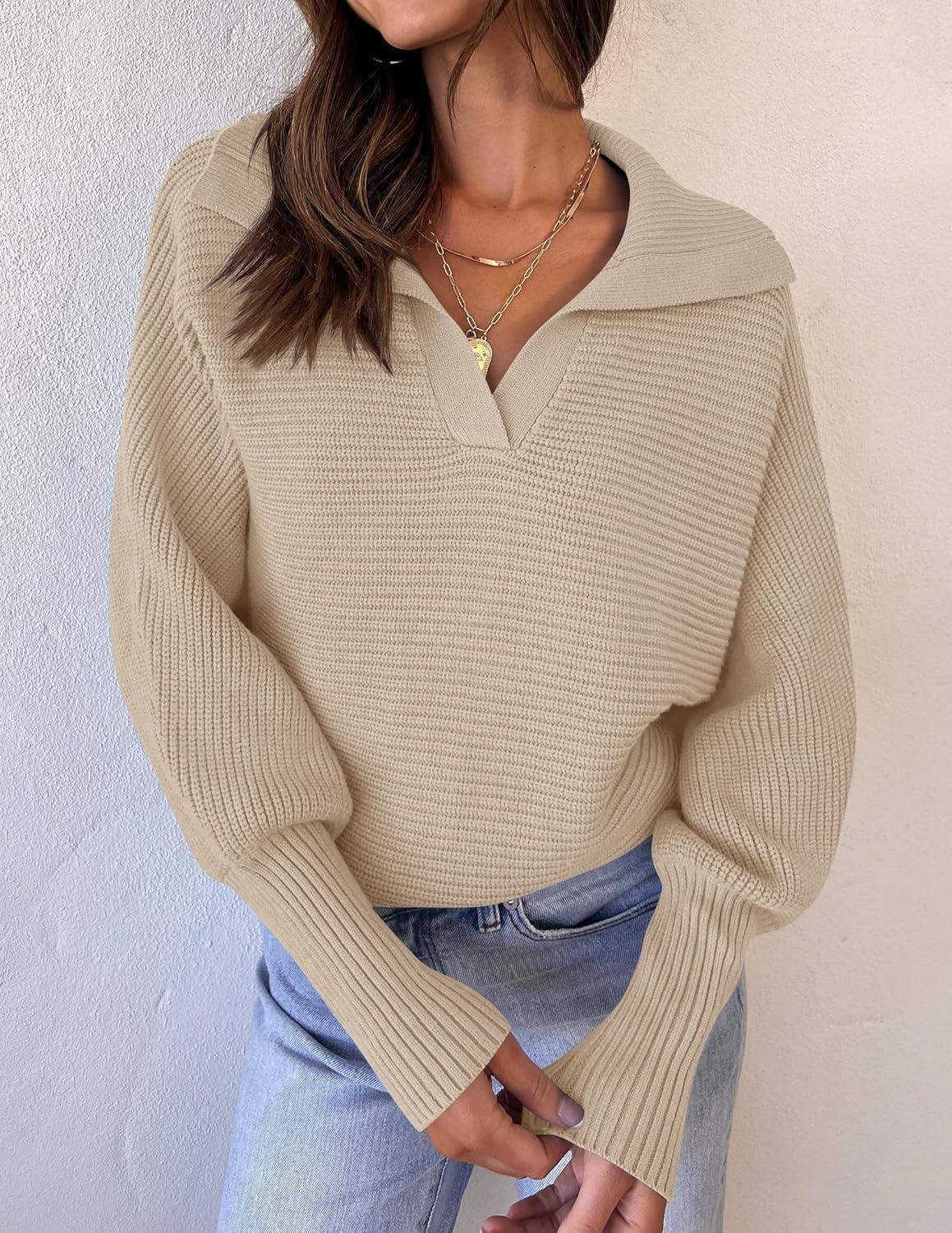 imageZESICA Womens Fall Lapel Collar V Neck Long Sleeve Ribbed Knit Comfy Loose Casual Pullover Sweater Jumper TopOatmeal
