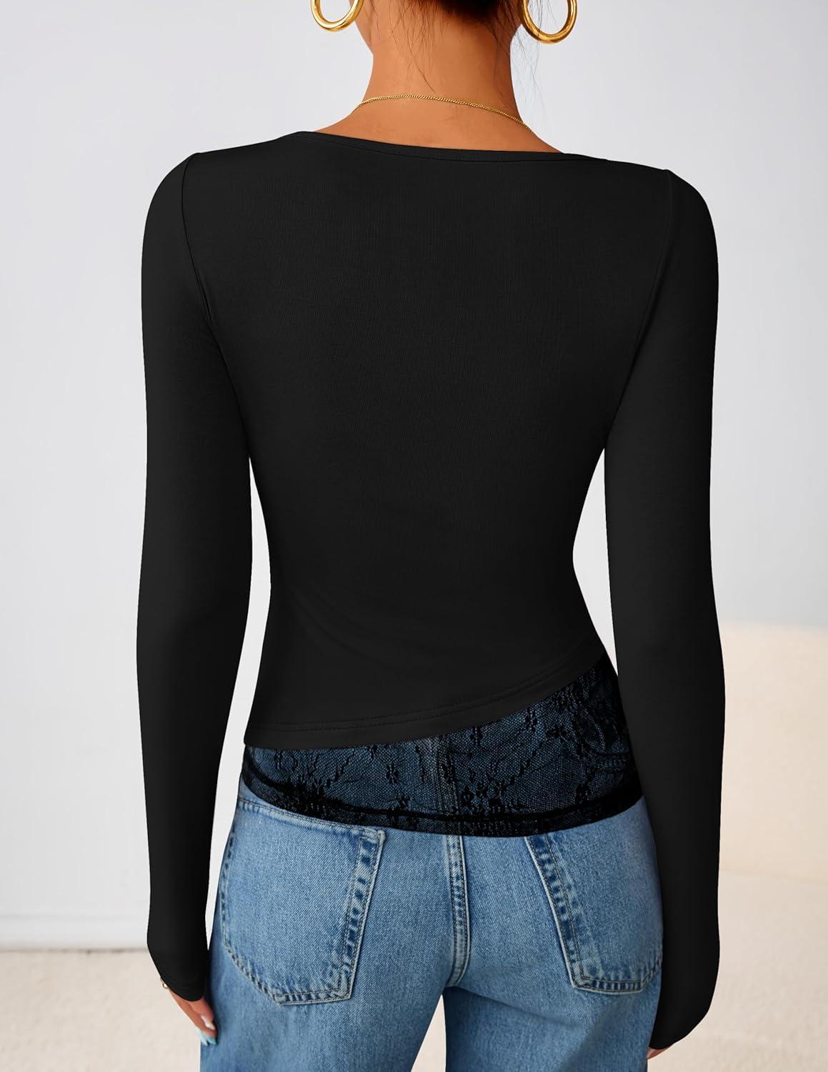 imageZESICA Womens Fall Long Sleeve Tops 2026 Casual Cowl Neck Lace Slim Fit Going Out Y2k Knit Shirts BlousesBlack