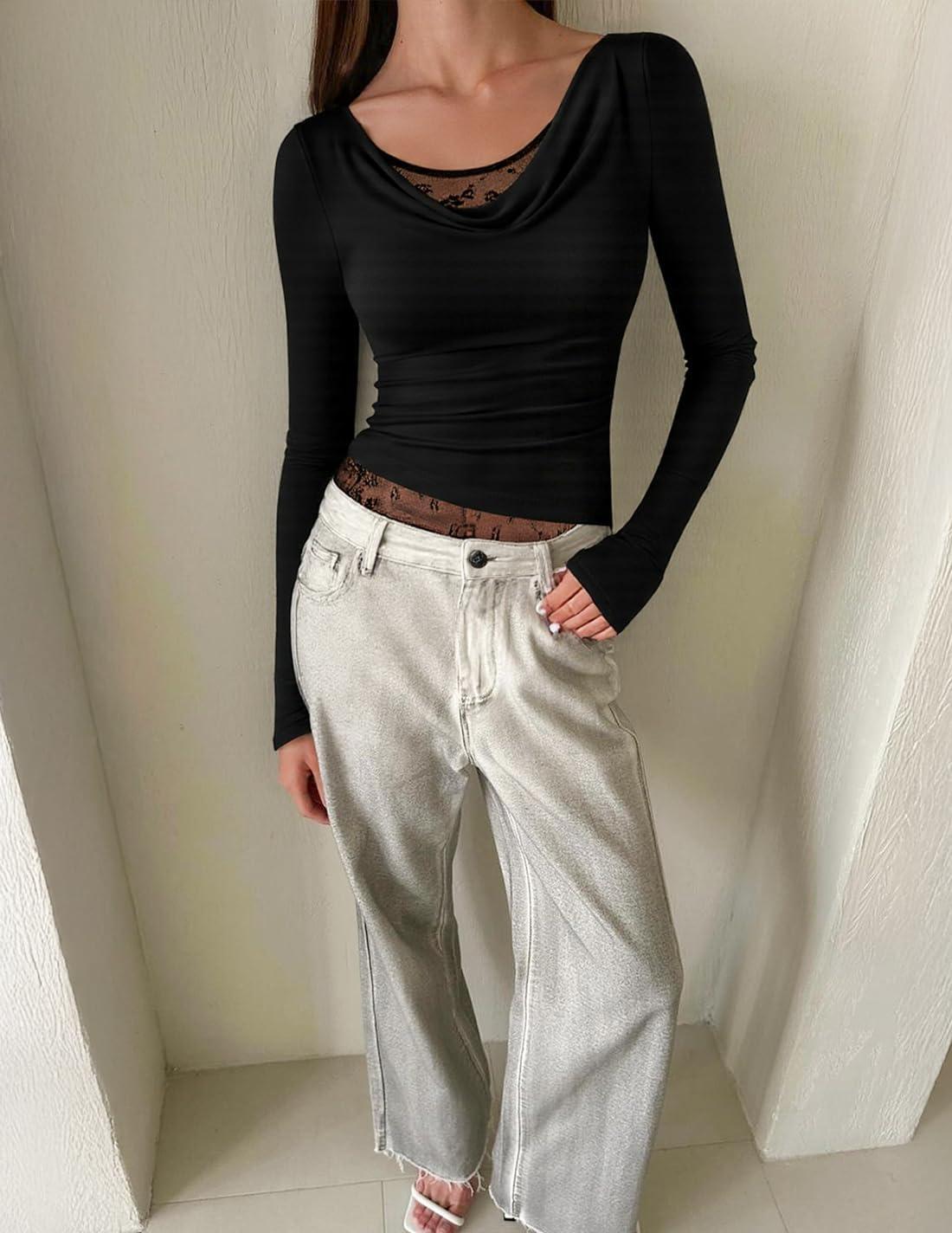 imageZESICA Womens Fall Long Sleeve Tops 2026 Casual Cowl Neck Lace Slim Fit Going Out Y2k Knit Shirts BlousesBlack