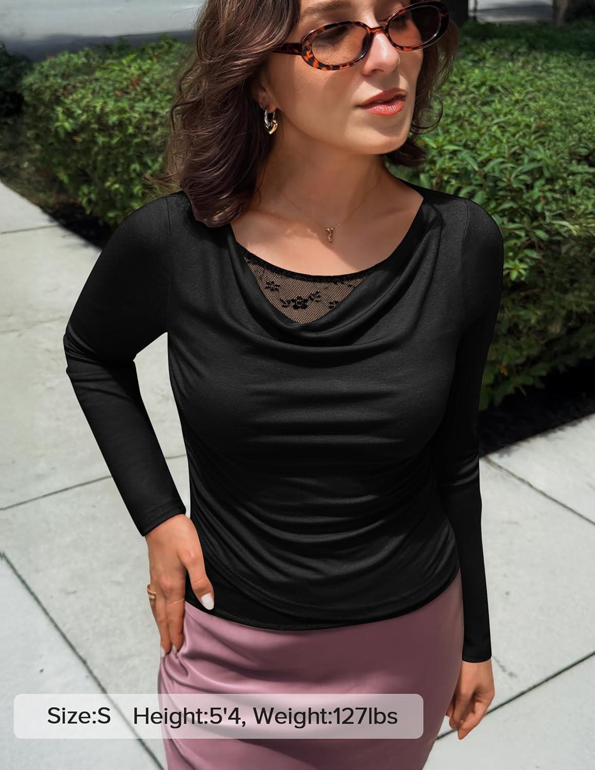 imageZESICA Womens Fall Long Sleeve Tops 2026 Casual Cowl Neck Lace Slim Fit Going Out Y2k Knit Shirts BlousesBlack