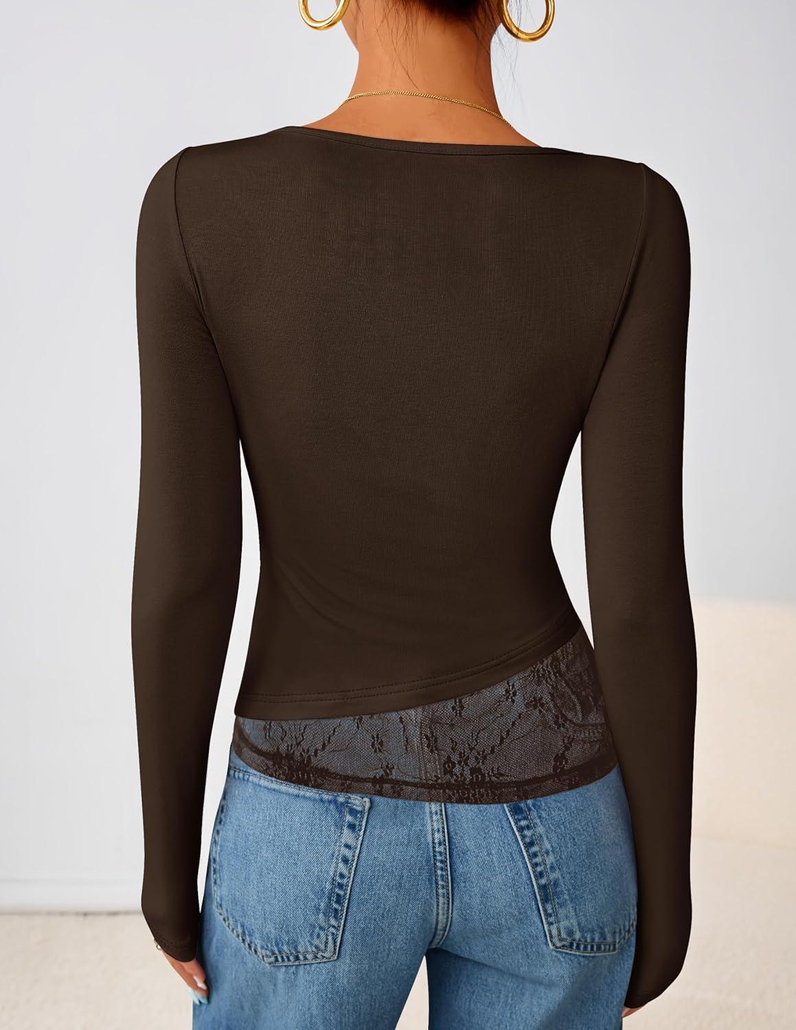 imageZESICA Womens Fall Long Sleeve Tops 2026 Casual Cowl Neck Lace Slim Fit Going Out Y2k Knit Shirts BlousesBrown