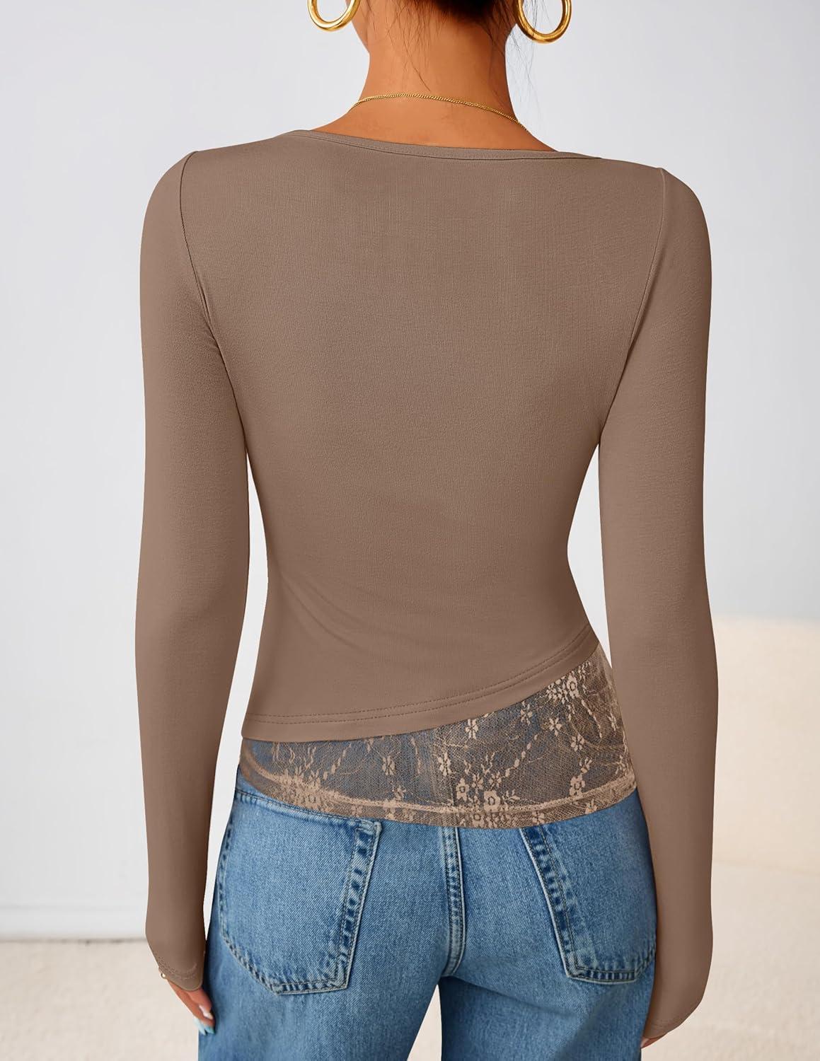 imageZESICA Womens Fall Long Sleeve Tops 2026 Casual Cowl Neck Lace Slim Fit Going Out Y2k Knit Shirts BlousesKhaki