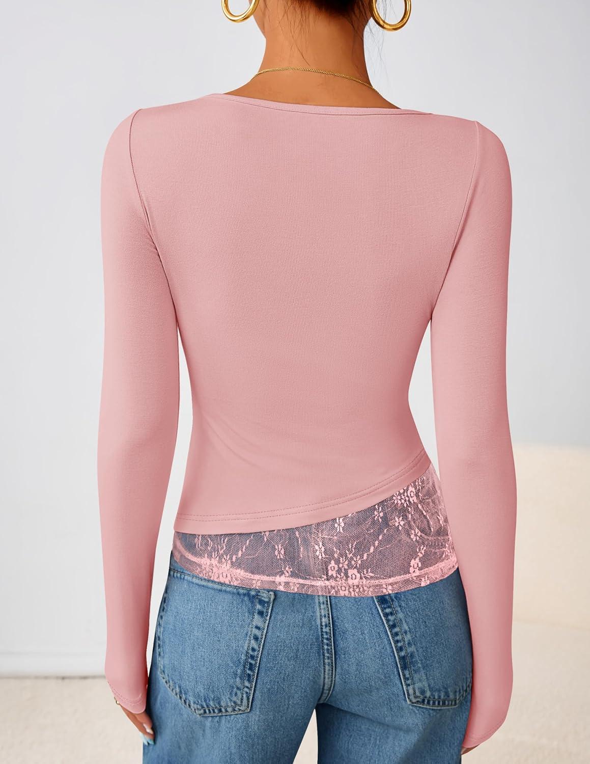 imageZESICA Womens Fall Long Sleeve Tops 2026 Casual Cowl Neck Lace Slim Fit Going Out Y2k Knit Shirts BlousesPink