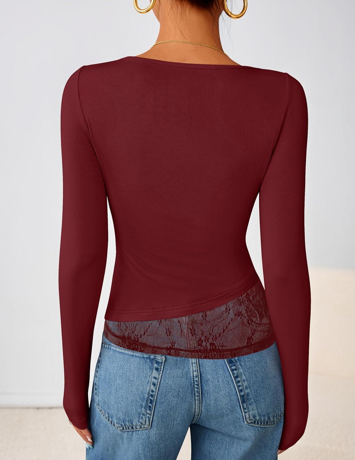 imageZESICA Womens Fall Long Sleeve Tops 2026 Casual Cowl Neck Lace Slim Fit Going Out Y2k Knit Shirts BlousesWine