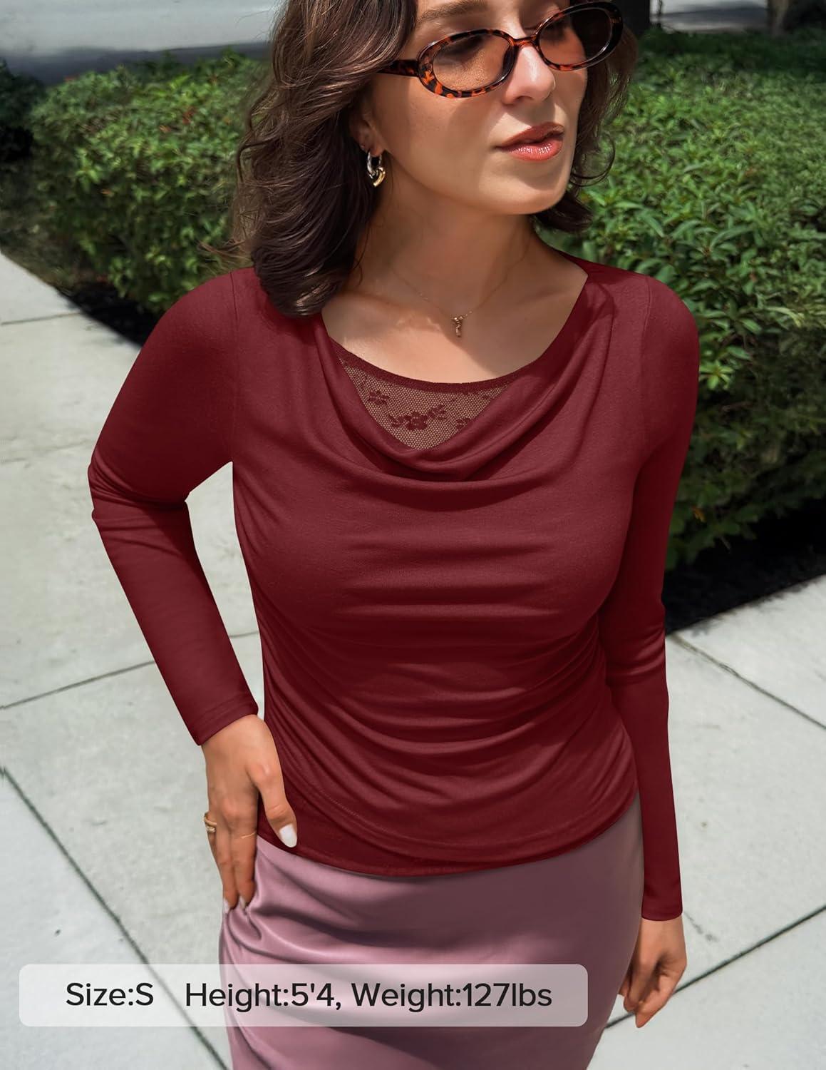 imageZESICA Womens Fall Long Sleeve Tops 2026 Casual Cowl Neck Lace Slim Fit Going Out Y2k Knit Shirts BlousesWine