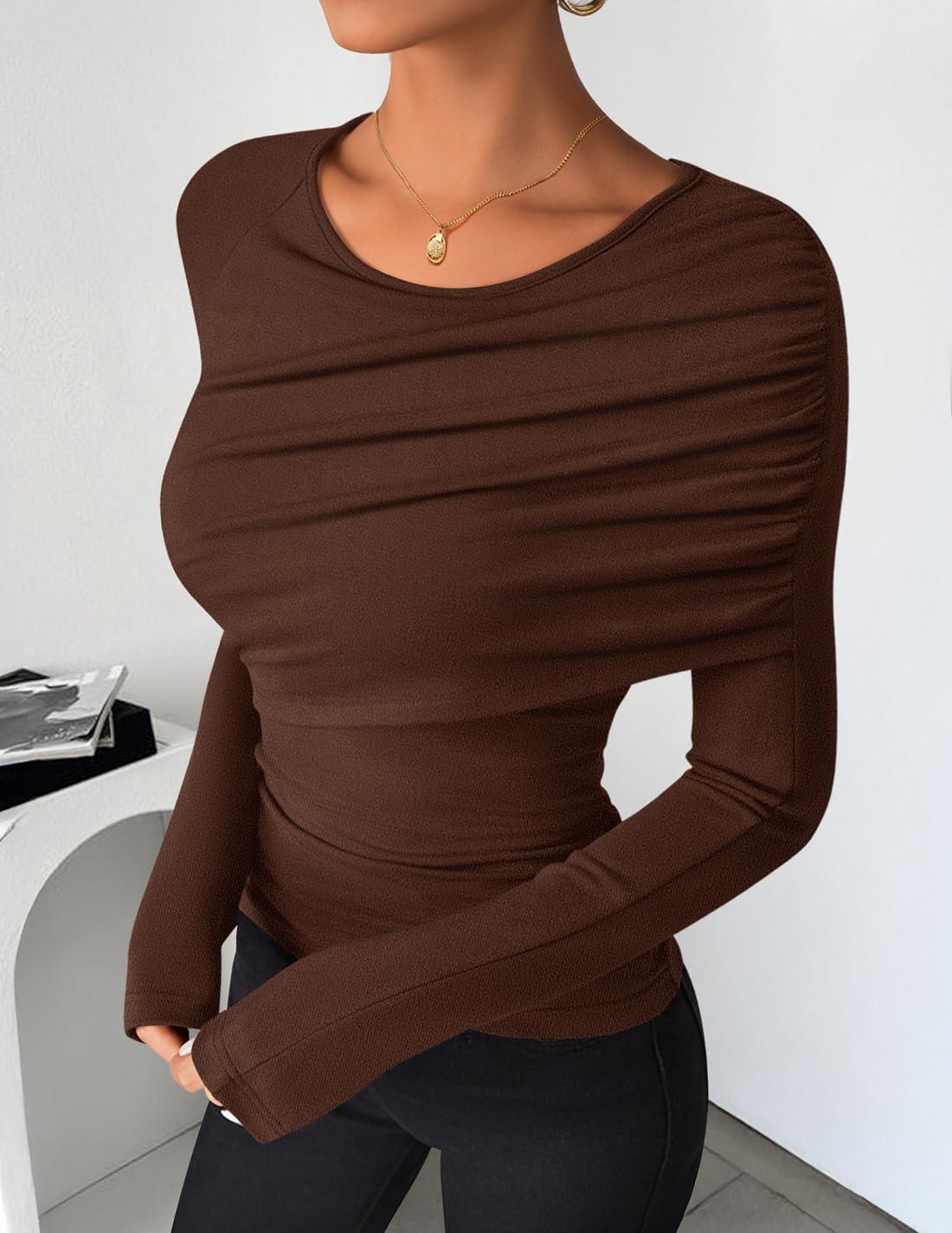 imageZESICA Womens Fall Long Sleeve Tops 2026 Casual Crewneck Ruched Shirts Slim Fit Going Out Y2K BlousesBrown