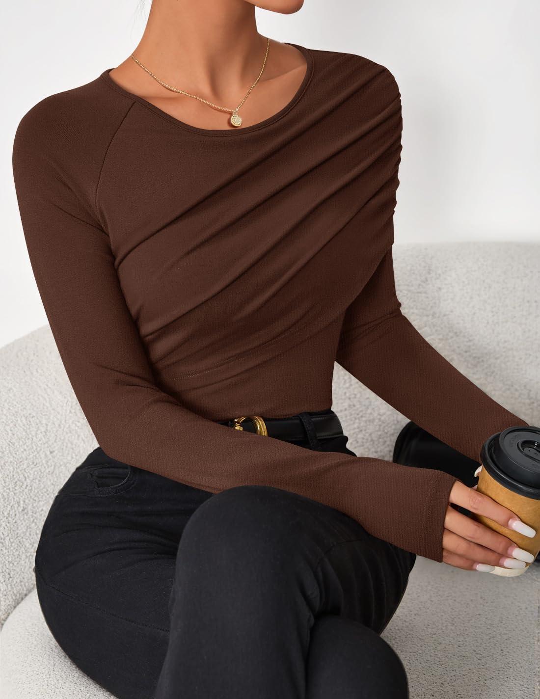 imageZESICA Womens Fall Long Sleeve Tops 2026 Casual Crewneck Ruched Shirts Slim Fit Going Out Y2K BlousesBrown
