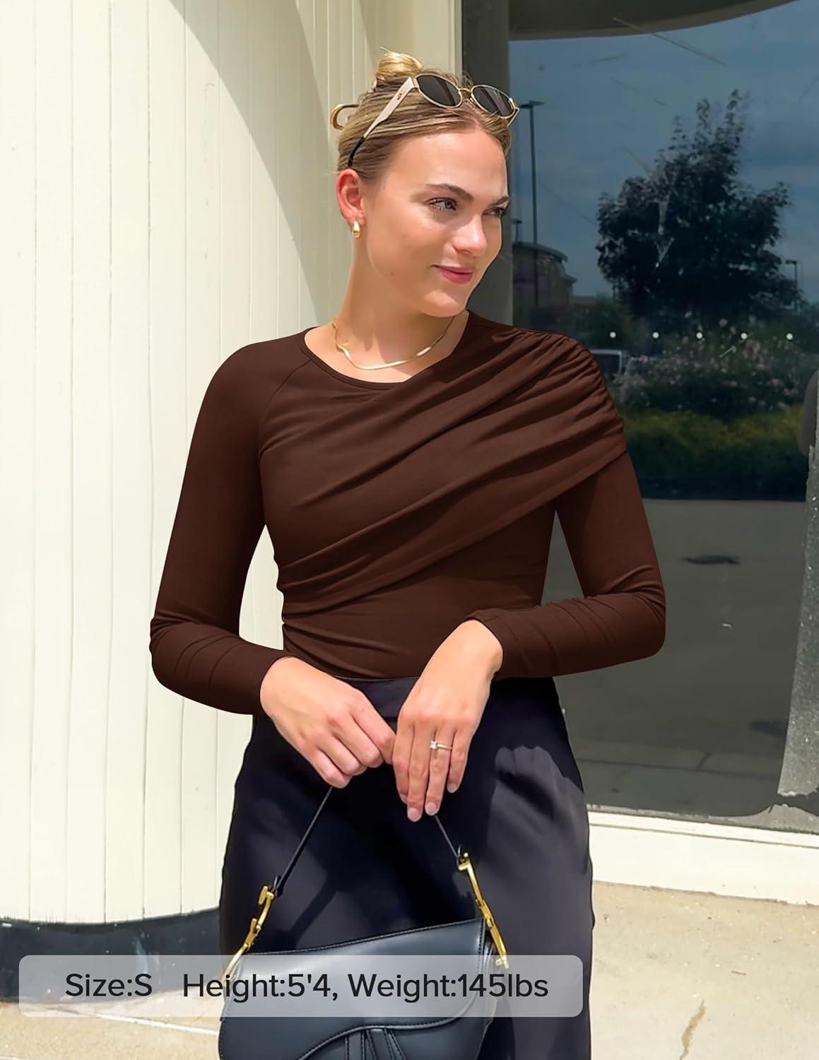 imageZESICA Womens Fall Long Sleeve Tops 2026 Casual Crewneck Ruched Shirts Slim Fit Going Out Y2K BlousesBrown