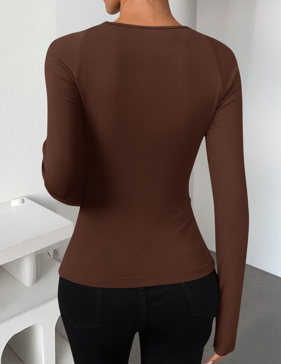 imageZESICA Womens Fall Long Sleeve Tops 2026 Casual Crewneck Ruched Shirts Slim Fit Going Out Y2K BlousesBrown