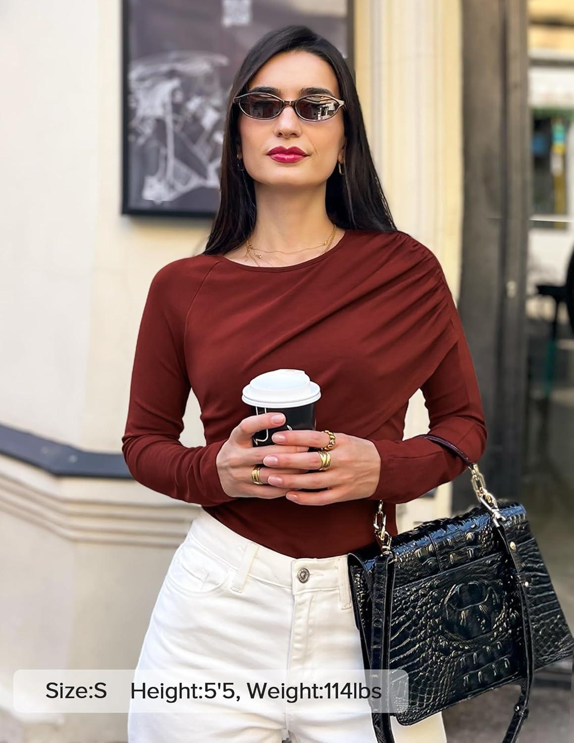 imageZESICA Womens Fall Long Sleeve Tops 2026 Casual Crewneck Ruched Shirts Slim Fit Going Out Y2K BlousesRust