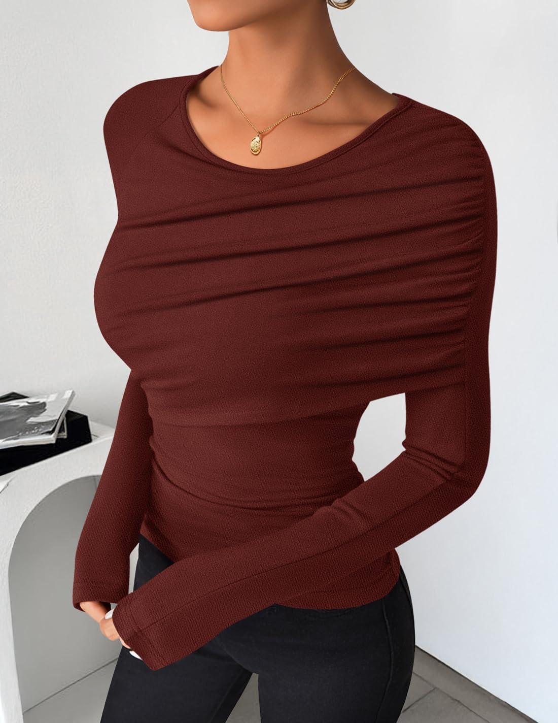 imageZESICA Womens Fall Long Sleeve Tops 2026 Casual Crewneck Ruched Shirts Slim Fit Going Out Y2K BlousesRust