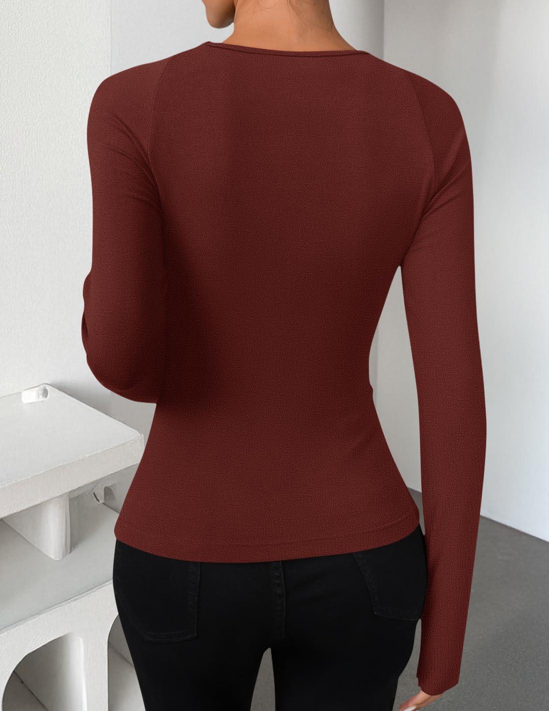 imageZESICA Womens Fall Long Sleeve Tops 2026 Casual Crewneck Ruched Shirts Slim Fit Going Out Y2K BlousesRust