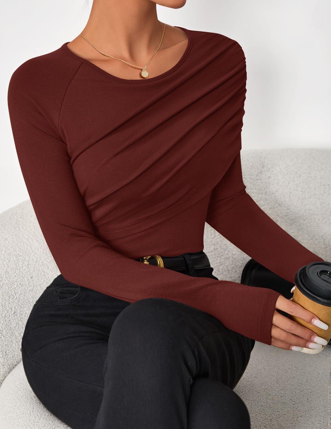 imageZESICA Womens Fall Long Sleeve Tops 2026 Casual Crewneck Ruched Shirts Slim Fit Going Out Y2K BlousesRust