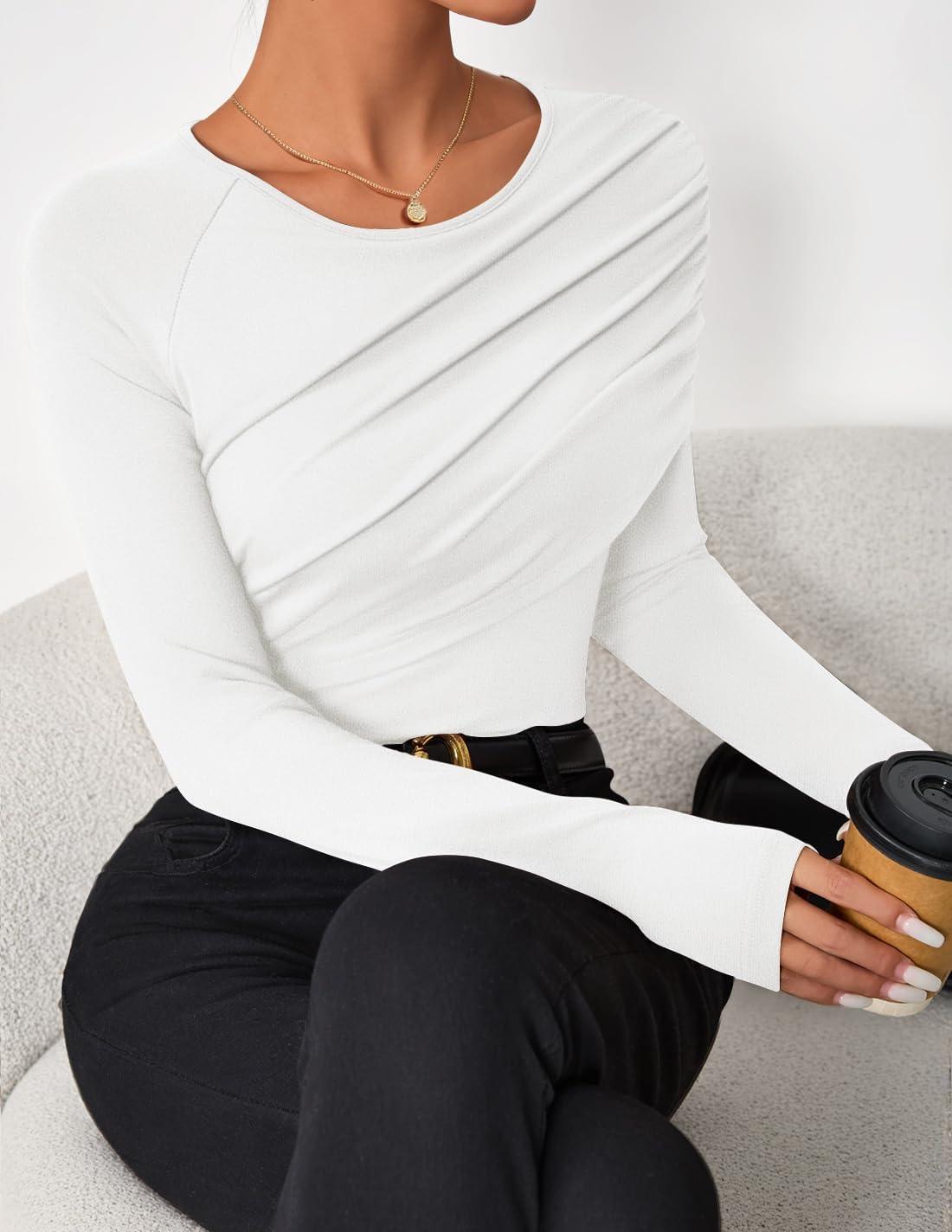 imageZESICA Womens Fall Long Sleeve Tops 2026 Casual Crewneck Ruched Shirts Slim Fit Going Out Y2K BlousesWhite