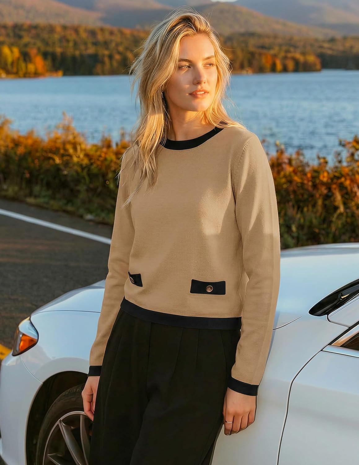 imageZESICA Womens Fall Sweaters 2026 Long Sleeve Crewneck Knit Color Block Lightweight Pullover Tops Clothes