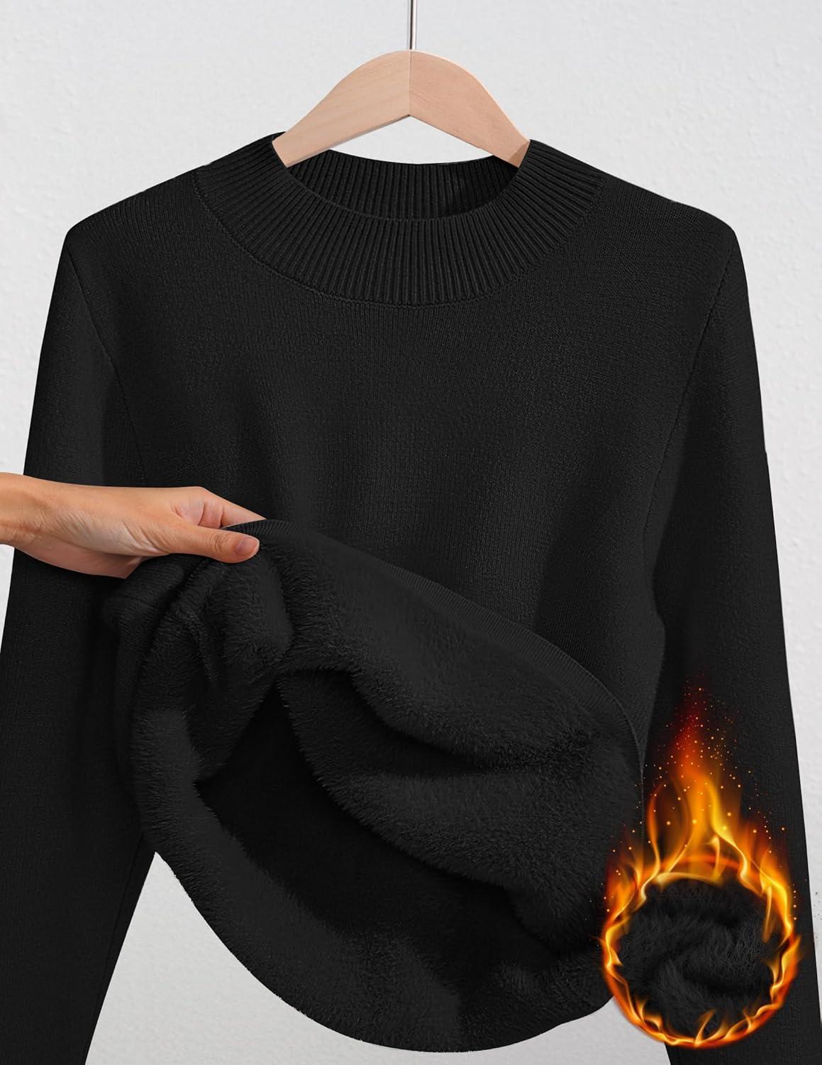 imageZESICA Womens Fleece Sherpa Lined Sweater 2026 Winter Thermal Shirts Long Sleeve Mock Neck Slim Fitted Pullover TopsBlack