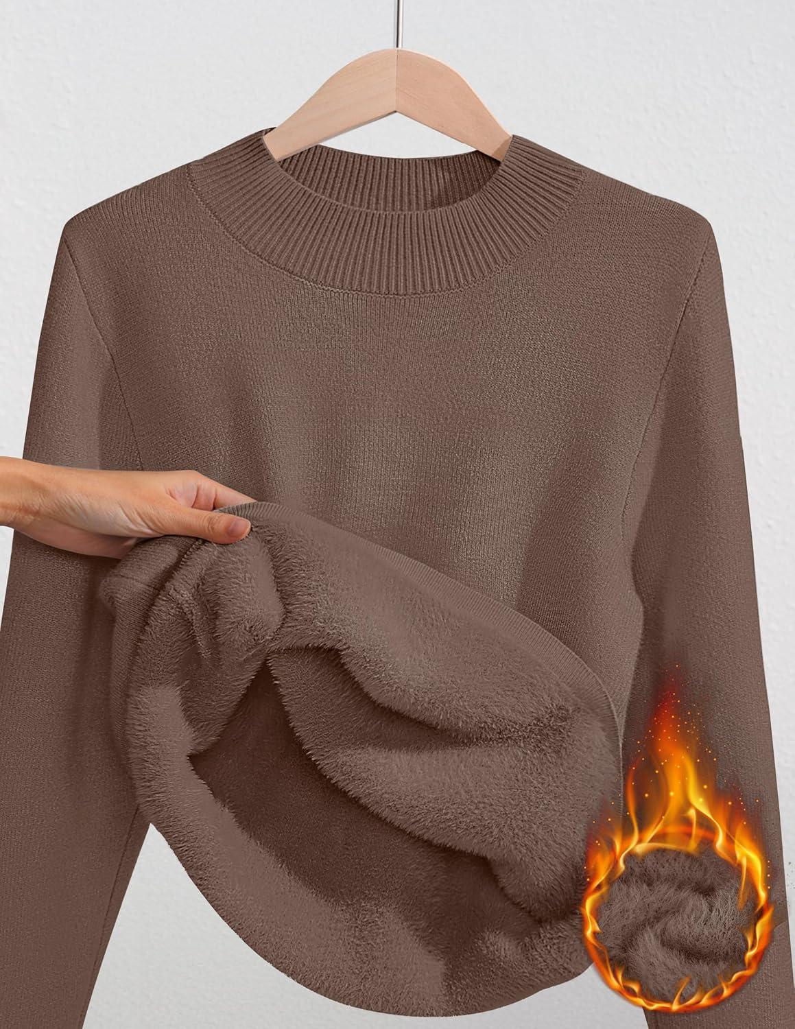 imageZESICA Womens Fleece Sherpa Lined Sweater 2026 Winter Thermal Shirts Long Sleeve Mock Neck Slim Fitted Pullover TopsCoffee