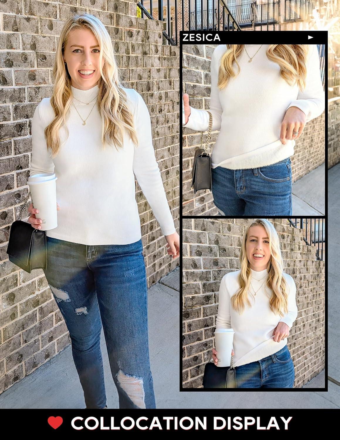 imageZESICA Womens Fleece Sherpa Lined Sweater 2026 Winter Thermal Shirts Long Sleeve Mock Neck Slim Fitted Pullover TopsCoffee