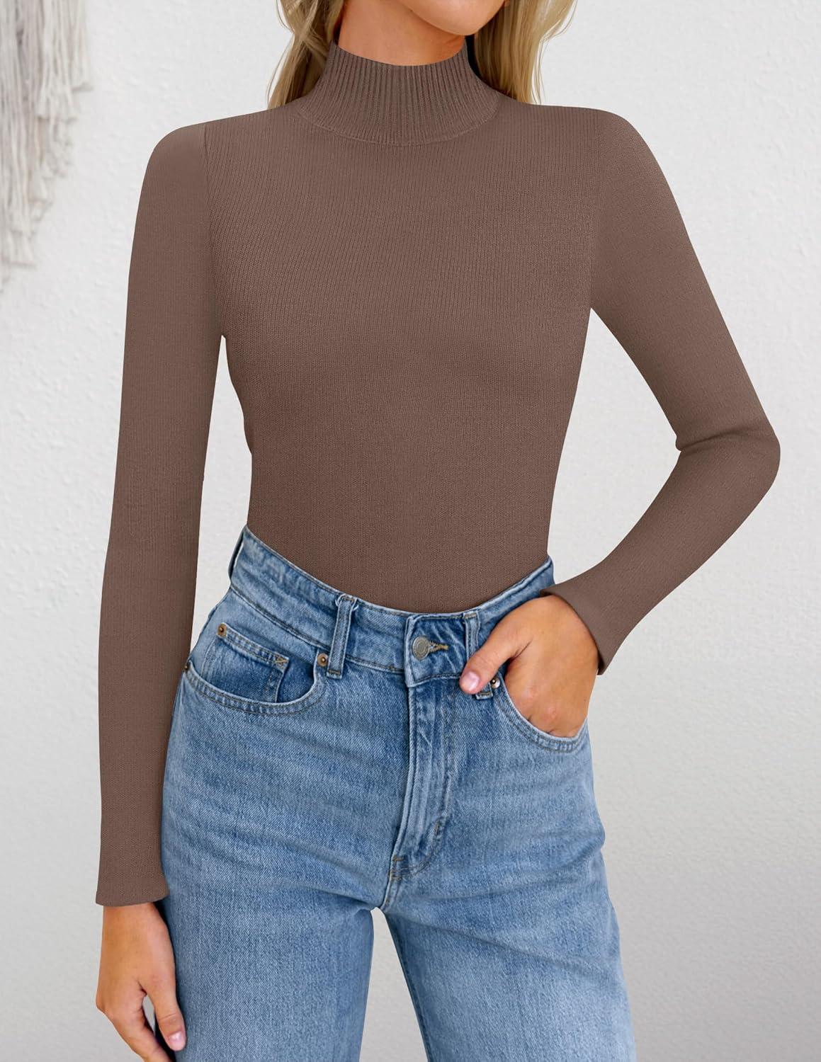 imageZESICA Womens Fleece Sherpa Lined Sweater 2026 Winter Thermal Shirts Long Sleeve Mock Neck Slim Fitted Pullover TopsCoffee