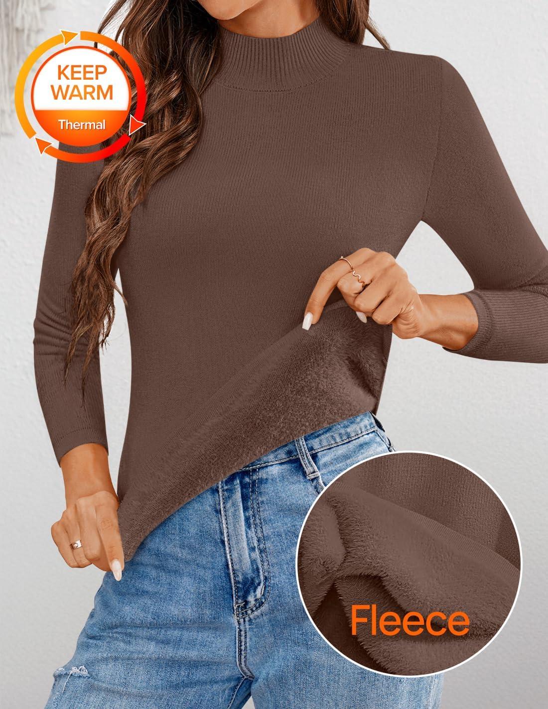 imageZESICA Womens Fleece Sherpa Lined Sweater 2026 Winter Thermal Shirts Long Sleeve Mock Neck Slim Fitted Pullover TopsCoffee
