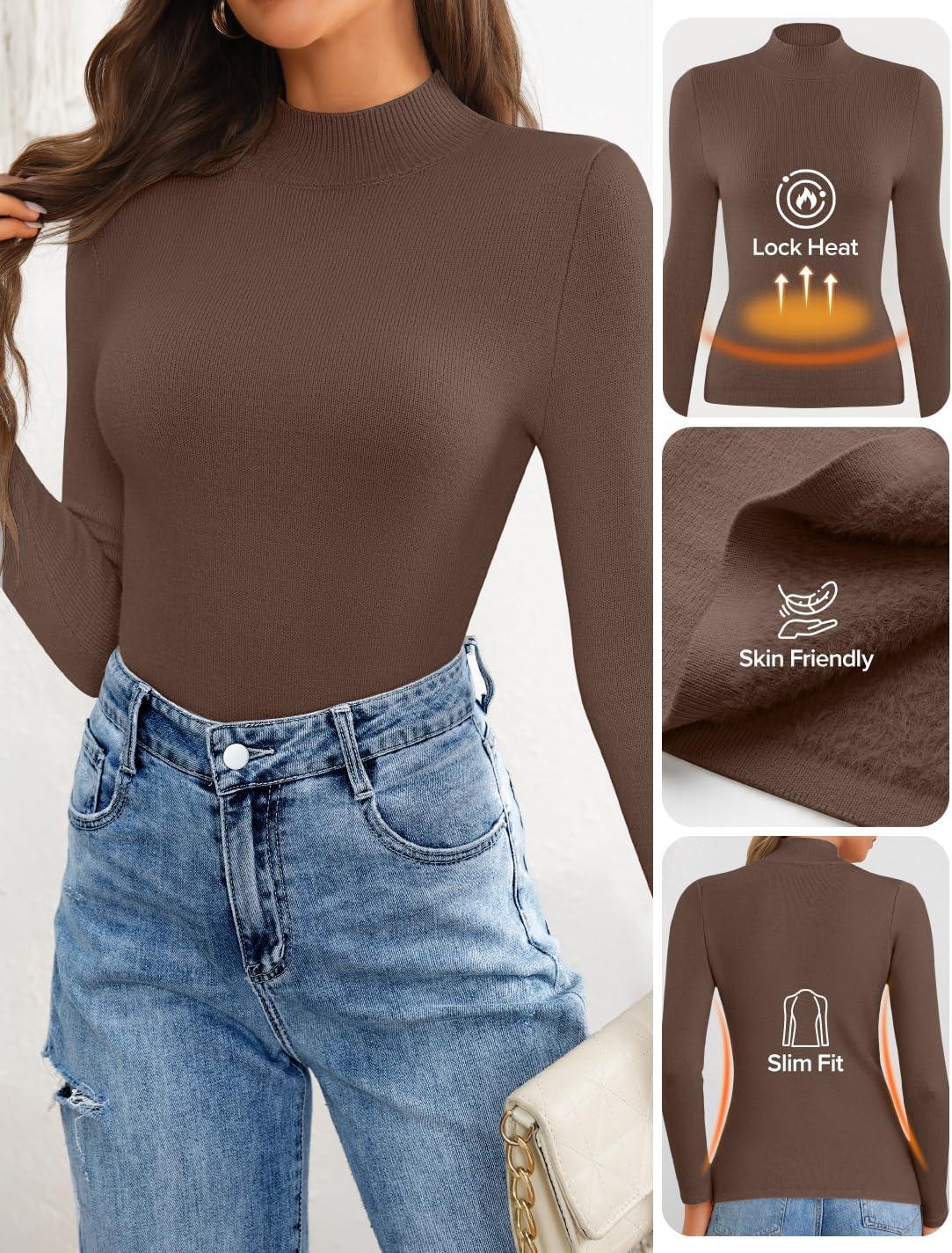 imageZESICA Womens Fleece Sherpa Lined Sweater 2026 Winter Thermal Shirts Long Sleeve Mock Neck Slim Fitted Pullover TopsCoffee