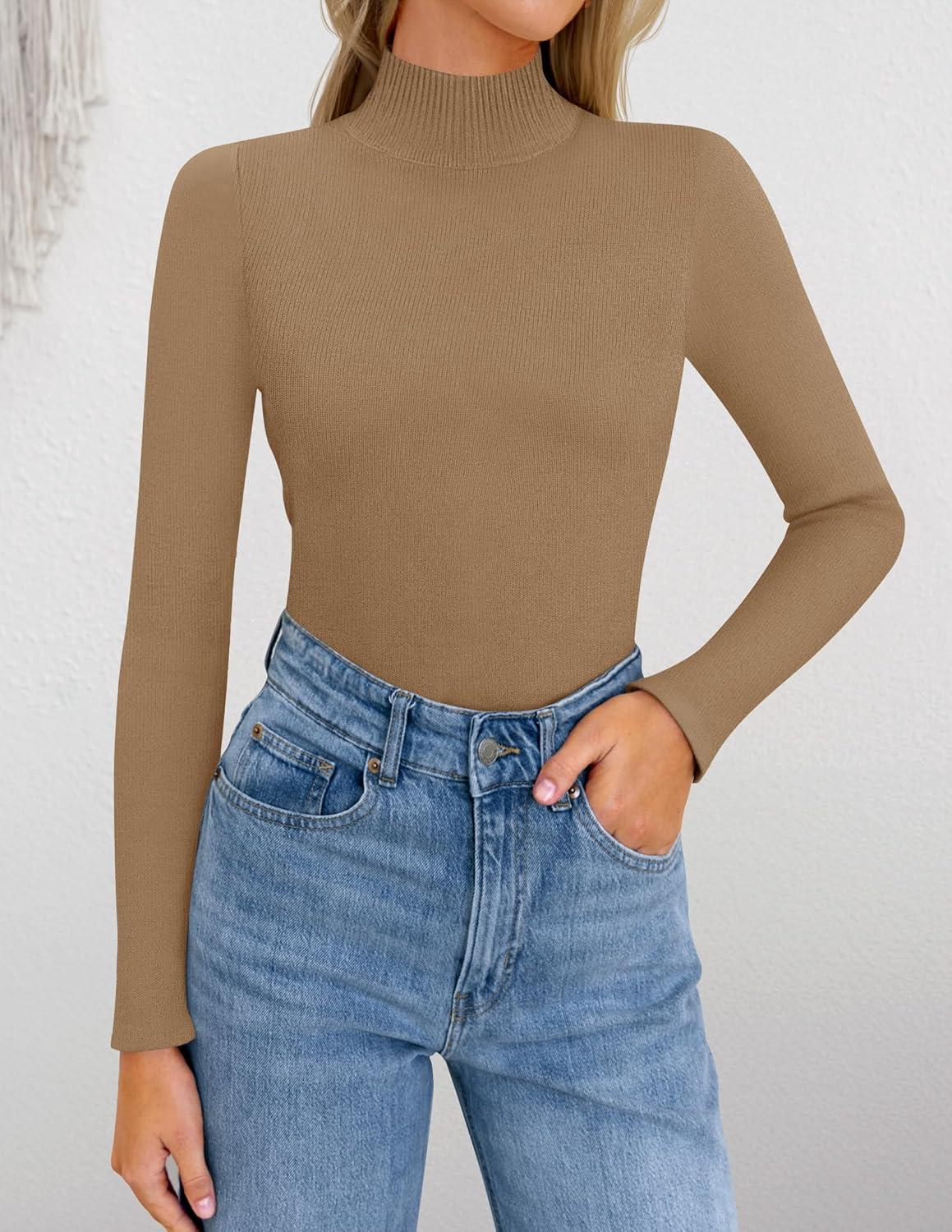 imageZESICA Womens Fleece Sherpa Lined Sweater 2026 Winter Thermal Shirts Long Sleeve Mock Neck Slim Fitted Pullover TopsKhaki