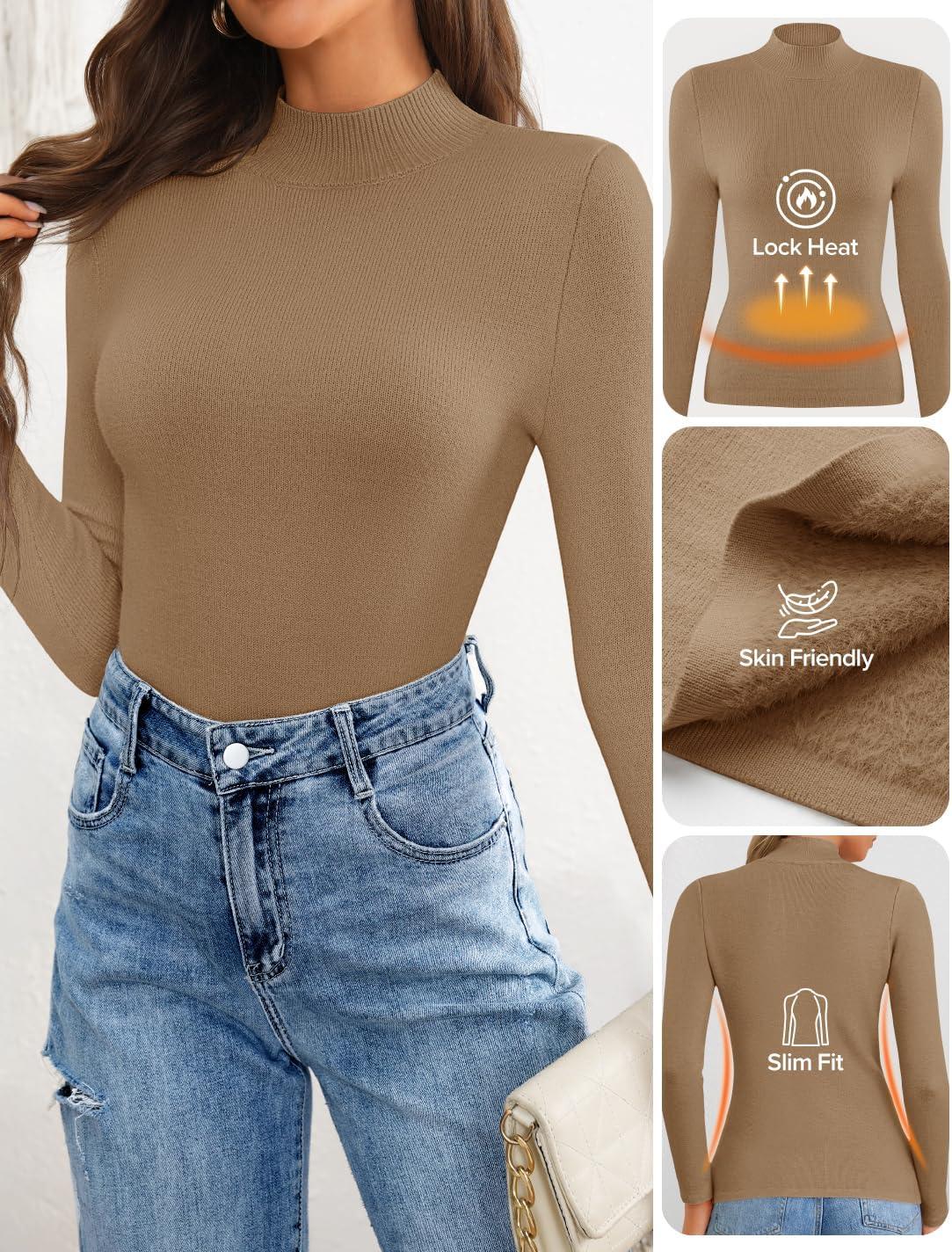 imageZESICA Womens Fleece Sherpa Lined Sweater 2026 Winter Thermal Shirts Long Sleeve Mock Neck Slim Fitted Pullover TopsKhaki