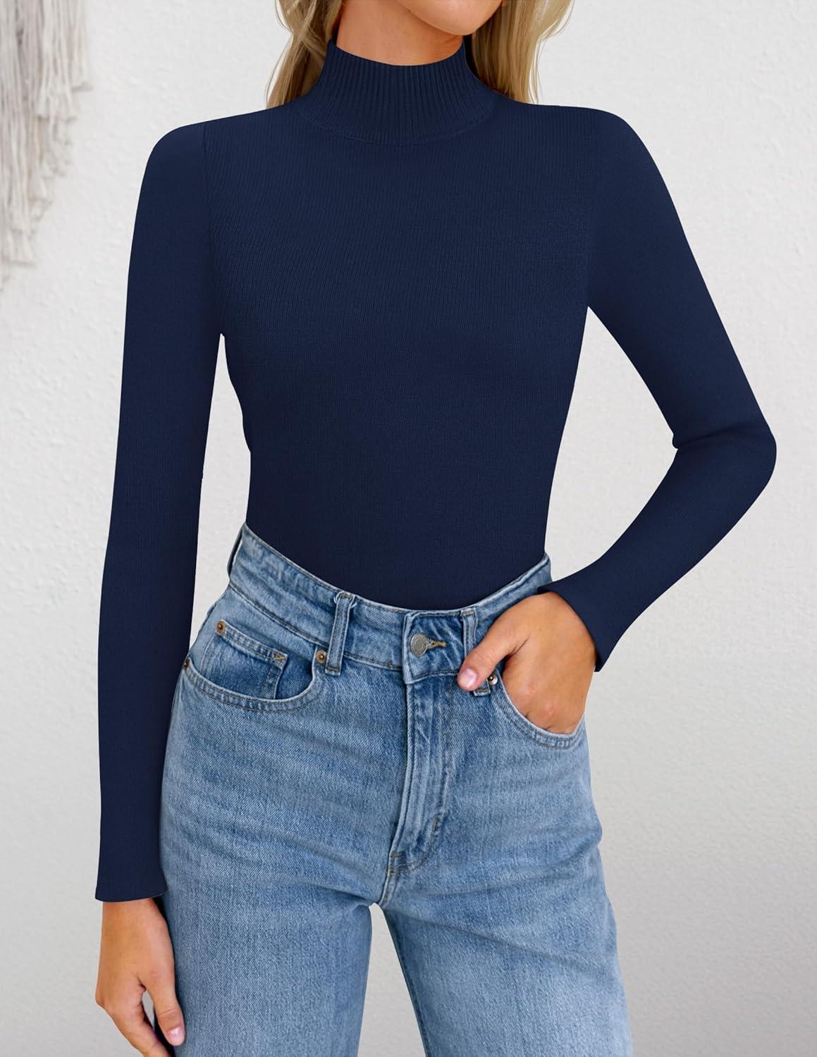 imageZESICA Womens Fleece Sherpa Lined Sweater 2026 Winter Thermal Shirts Long Sleeve Mock Neck Slim Fitted Pullover TopsNavy