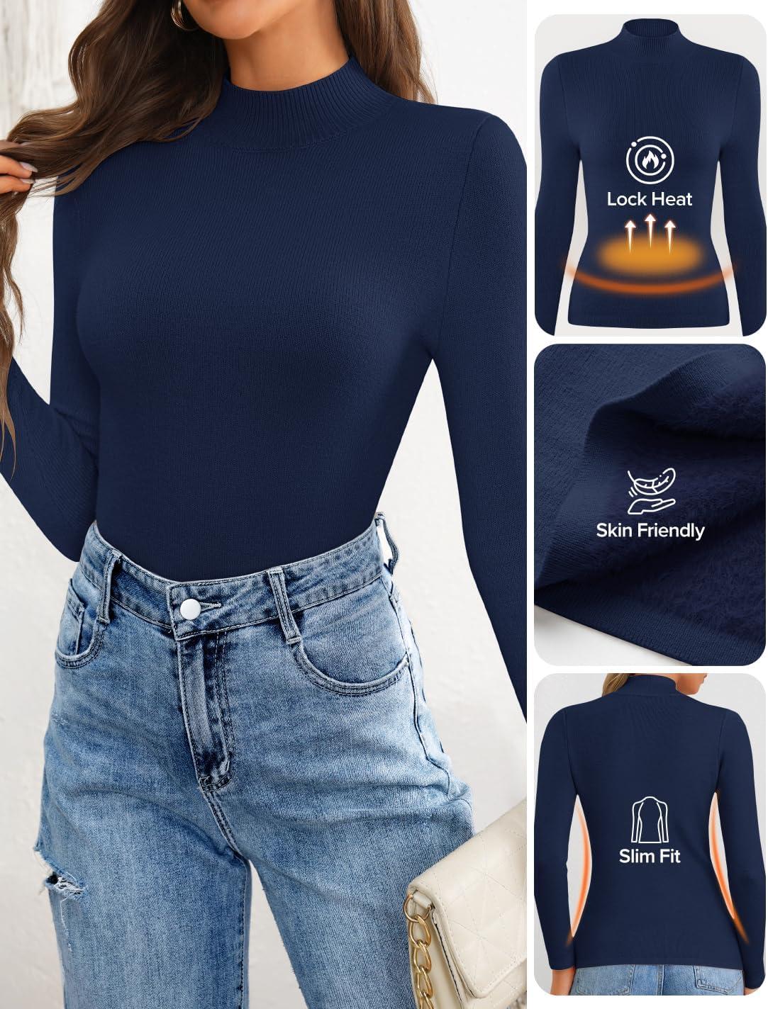 imageZESICA Womens Fleece Sherpa Lined Sweater 2026 Winter Thermal Shirts Long Sleeve Mock Neck Slim Fitted Pullover TopsNavy