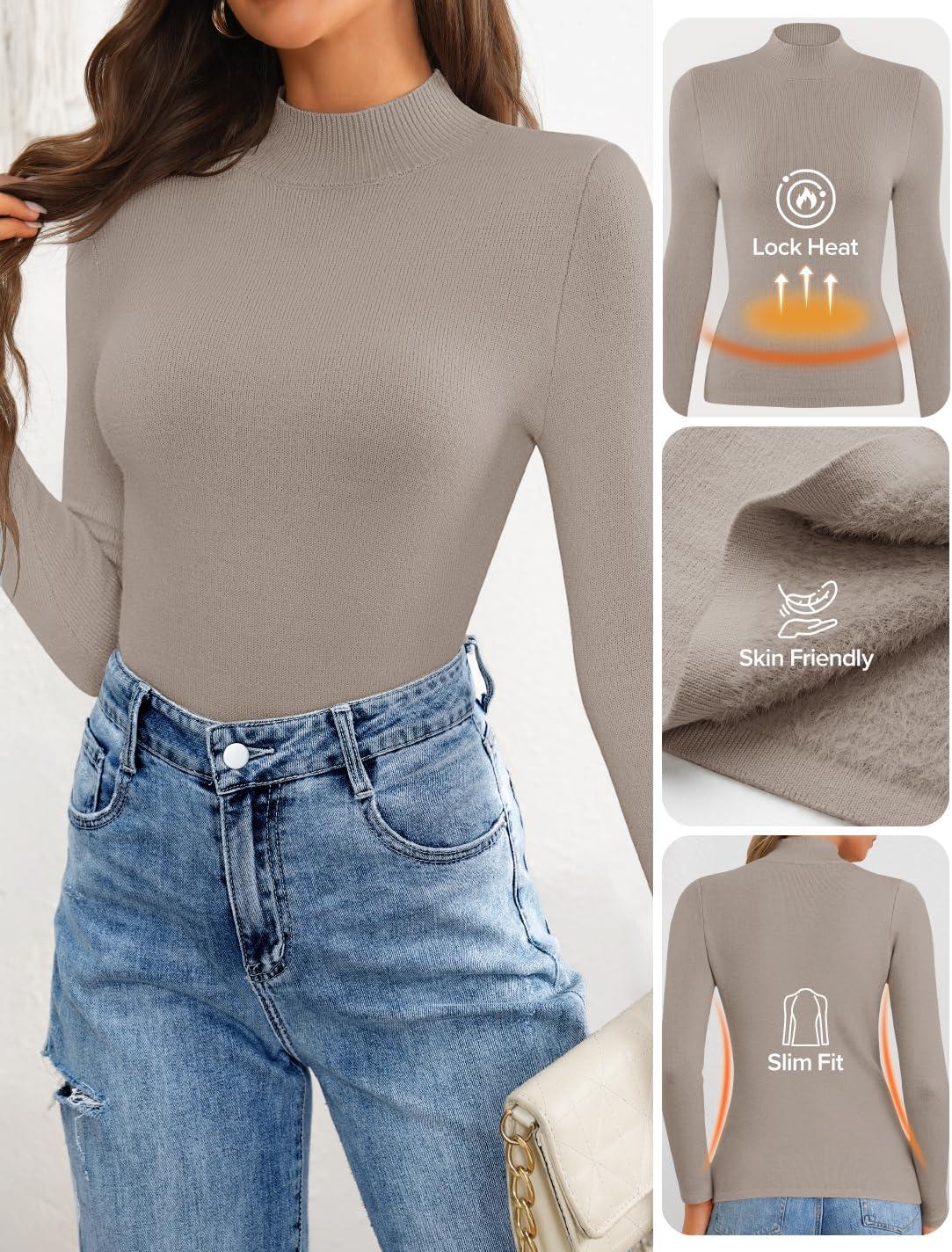 imageZESICA Womens Fleece Sherpa Lined Sweater 2026 Winter Thermal Shirts Long Sleeve Mock Neck Slim Fitted Pullover TopsOats