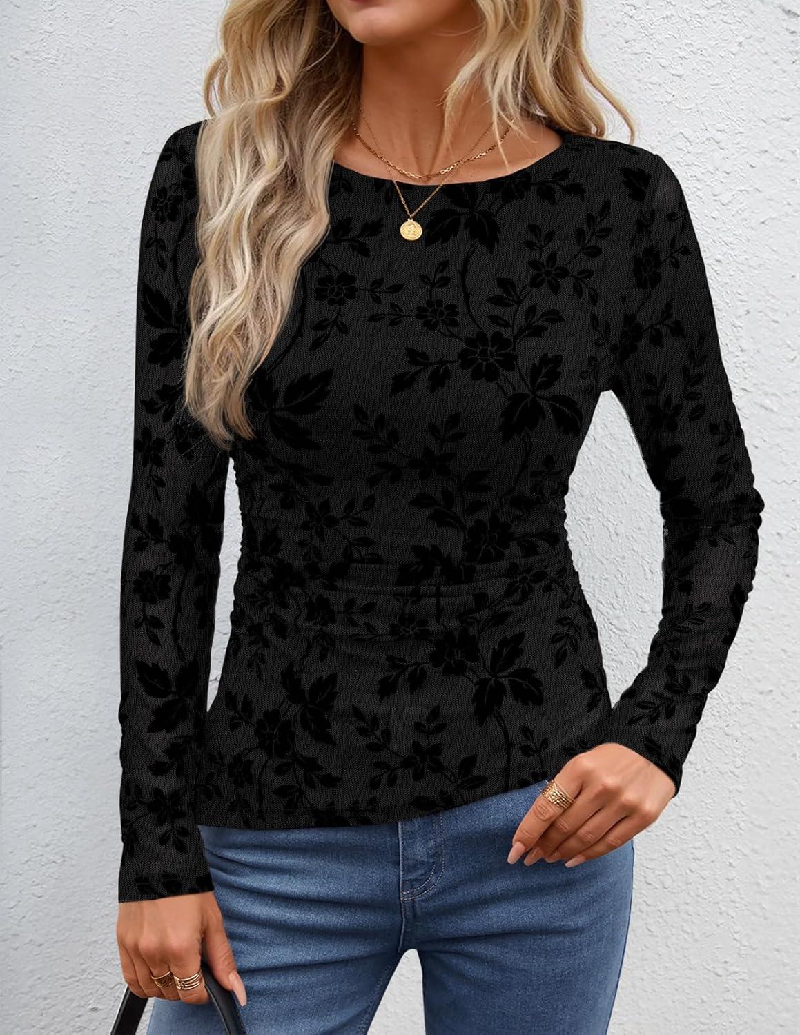imageZESICA Womens Floral Long Sleeve Shirts 2026 Spring Boat Neck Mesh Ruched Tops Fitted Asymmetrical Going Out BlousesBlack