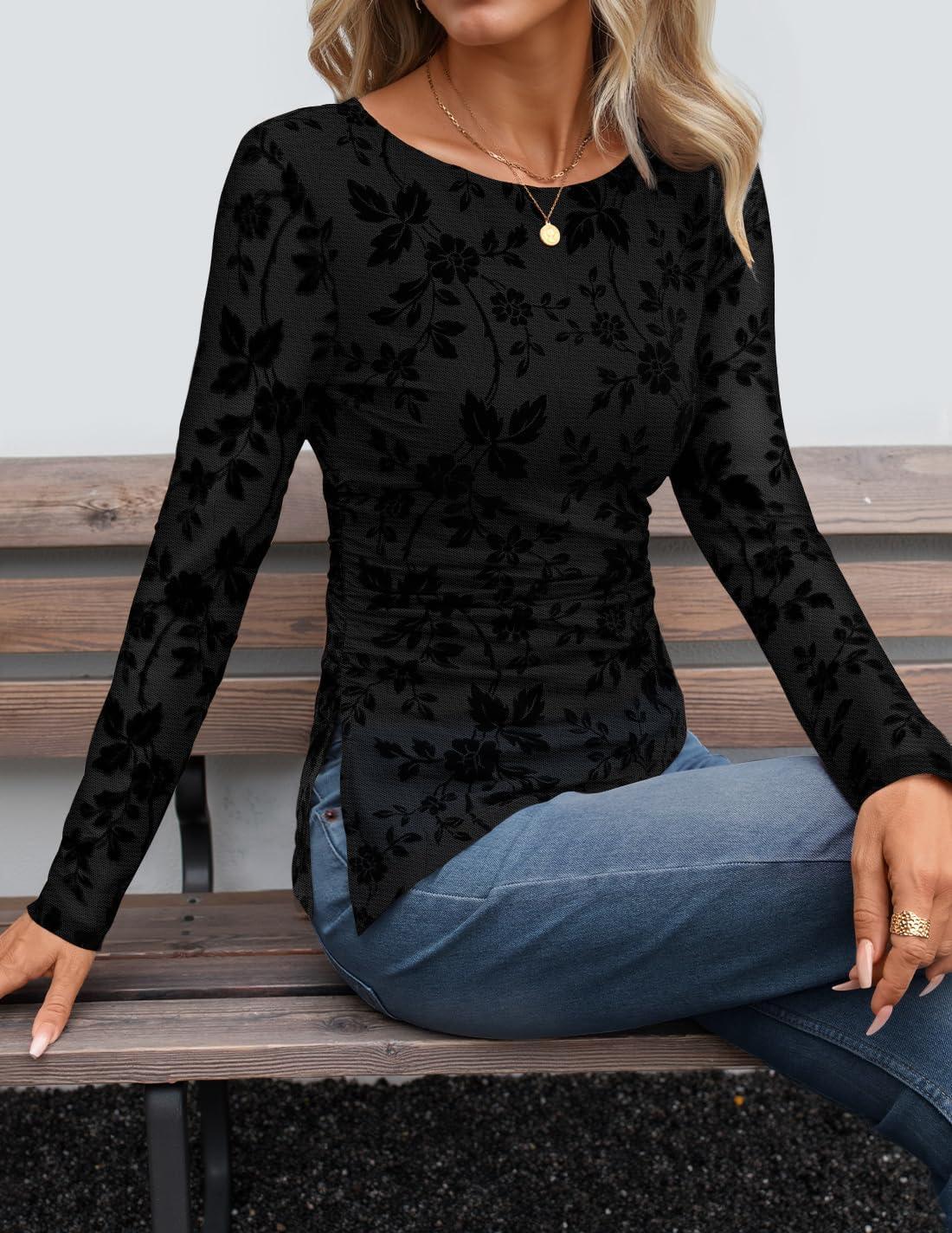 imageZESICA Womens Floral Long Sleeve Shirts 2026 Spring Boat Neck Mesh Ruched Tops Fitted Asymmetrical Going Out BlousesBlack