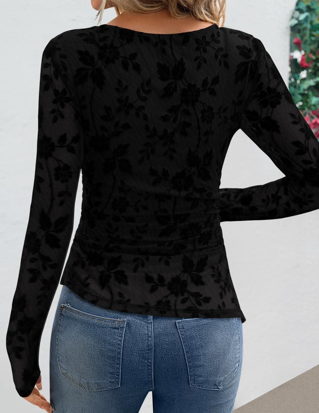 imageZESICA Womens Floral Long Sleeve Shirts 2026 Spring Boat Neck Mesh Ruched Tops Fitted Asymmetrical Going Out BlousesBlack