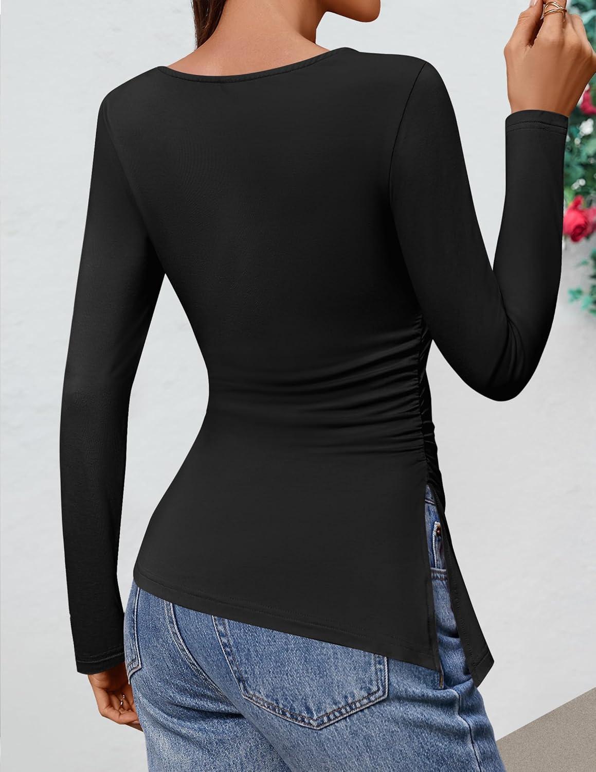 imageZESICA Womens Floral Long Sleeve Shirts 2026 Spring Boat Neck Mesh Ruched Tops Fitted Asymmetrical Going Out BlousesEbony