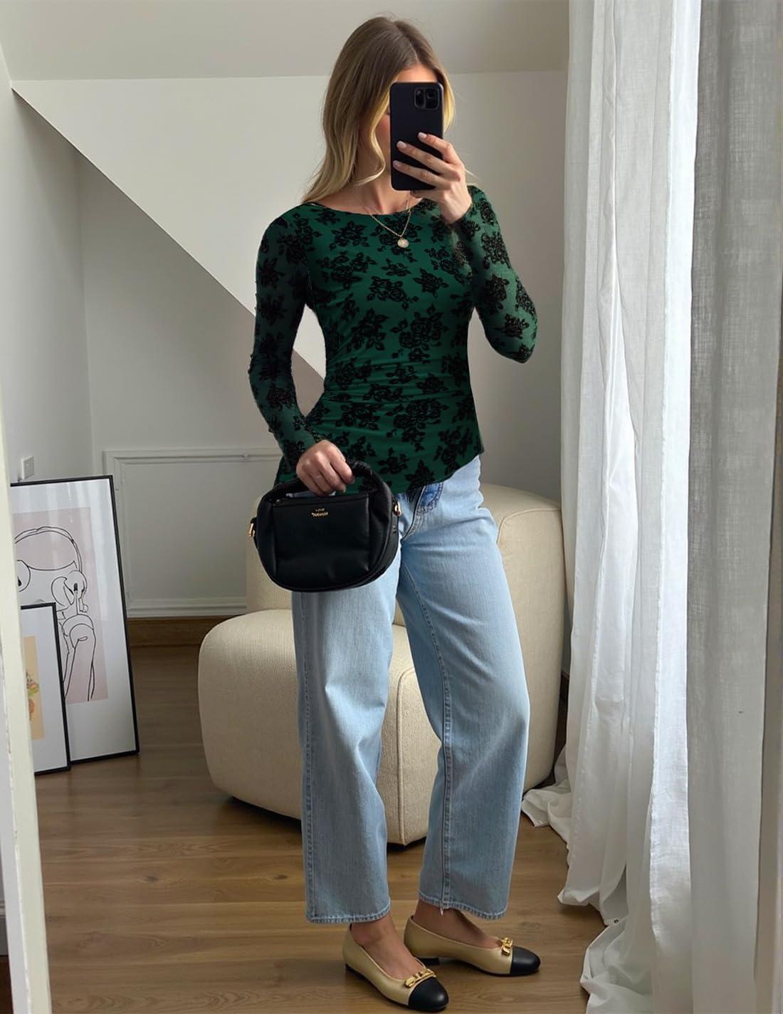 imageZESICA Womens Floral Long Sleeve Shirts 2026 Spring Boat Neck Mesh Ruched Tops Fitted Asymmetrical Going Out BlousesGreen