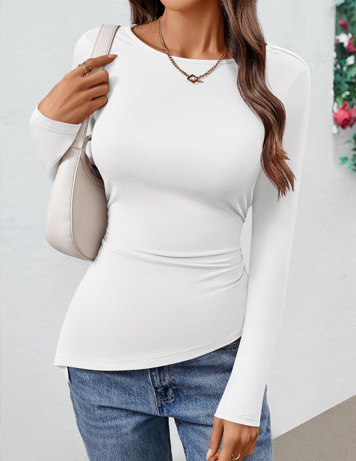 imageZESICA Womens Floral Long Sleeve Shirts 2026 Spring Boat Neck Mesh Ruched Tops Fitted Asymmetrical Going Out BlousesIvory