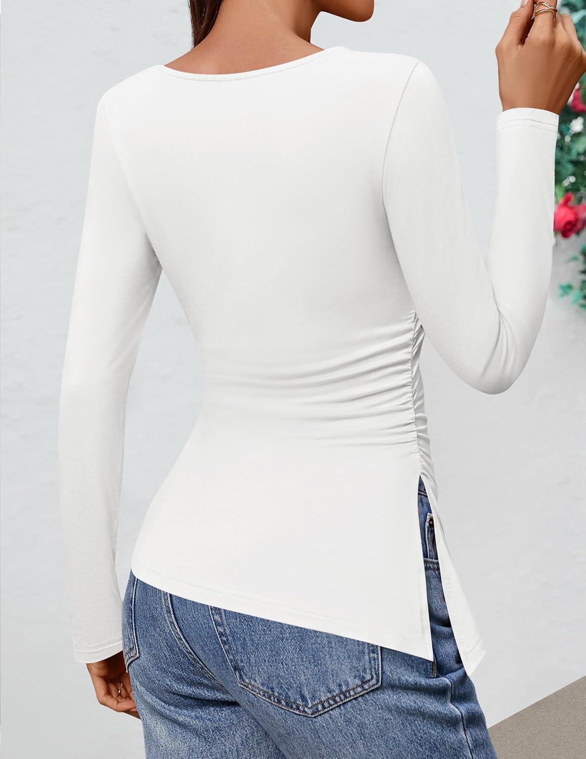 imageZESICA Womens Floral Long Sleeve Shirts 2026 Spring Boat Neck Mesh Ruched Tops Fitted Asymmetrical Going Out BlousesIvory