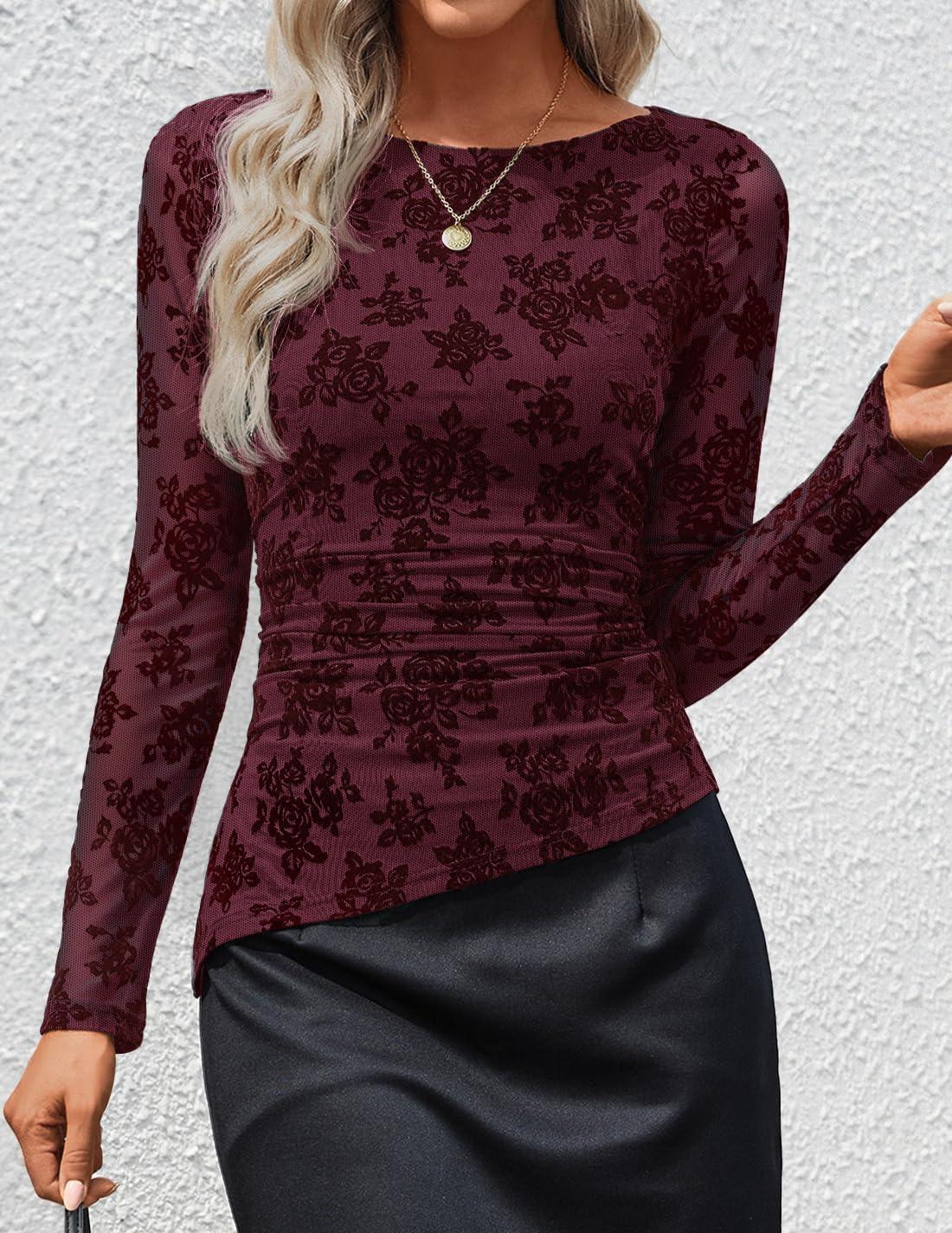imageZESICA Womens Floral Long Sleeve Shirts 2026 Spring Boat Neck Mesh Ruched Tops Fitted Asymmetrical Going Out BlousesWine