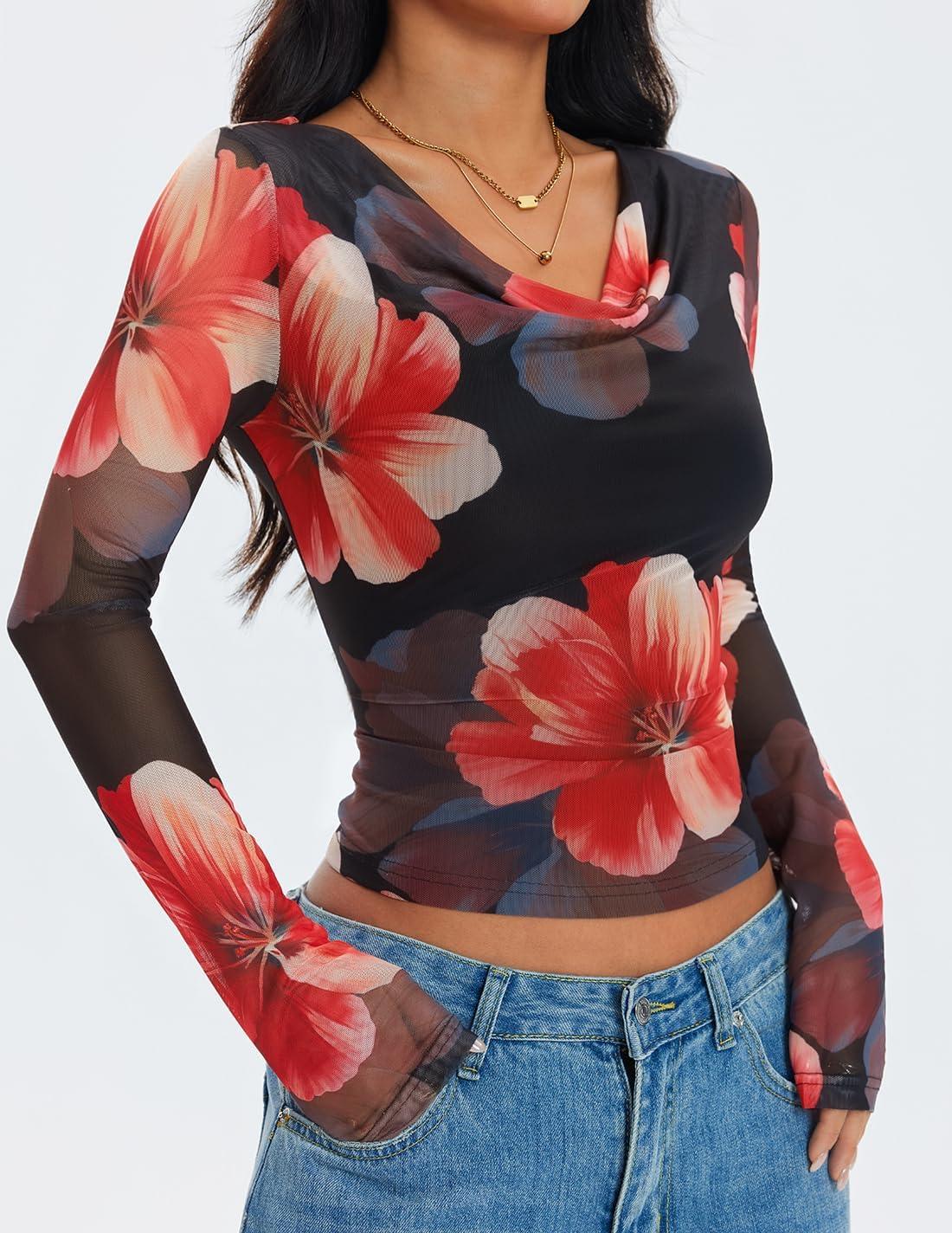 imageZESICA Womens Floral Mesh Long Sleeve Tops 2026 Fall Cowl Neck Slim Fit Going Out Y2k Shirts Trendy Date Night OutfitsBlack