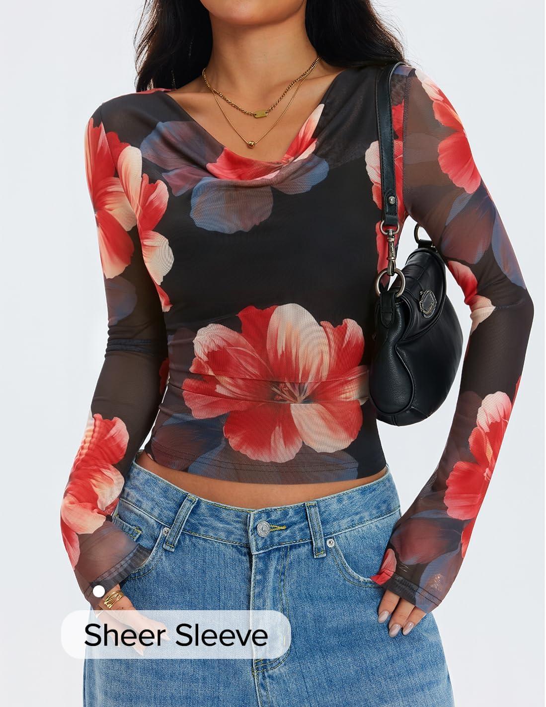 imageZESICA Womens Floral Mesh Long Sleeve Tops 2026 Fall Cowl Neck Slim Fit Going Out Y2k Shirts Trendy Date Night OutfitsBlack