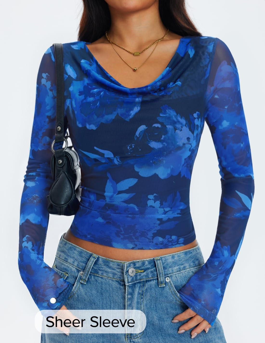 imageZESICA Womens Floral Mesh Long Sleeve Tops 2026 Fall Cowl Neck Slim Fit Going Out Y2k Shirts Trendy Date Night OutfitsDark Blue