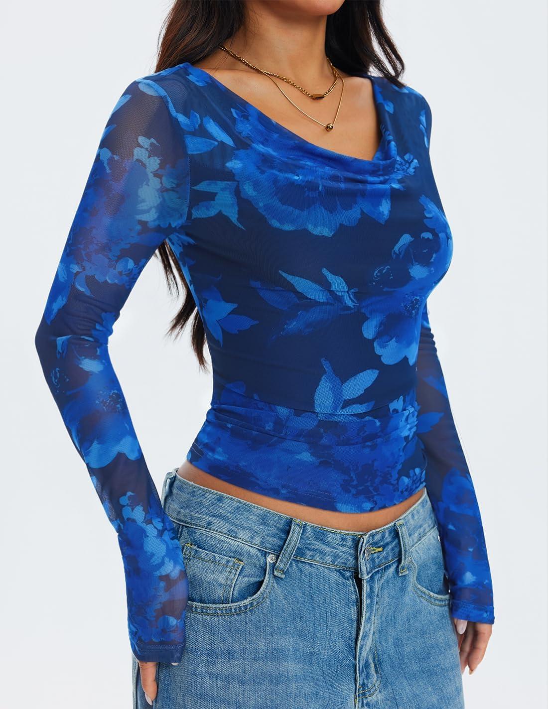 imageZESICA Womens Floral Mesh Long Sleeve Tops 2026 Fall Cowl Neck Slim Fit Going Out Y2k Shirts Trendy Date Night OutfitsDark Blue
