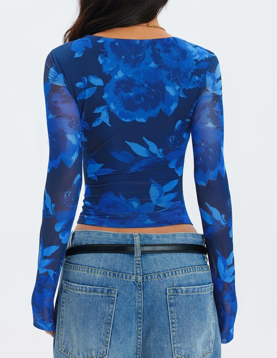 imageZESICA Womens Floral Mesh Long Sleeve Tops 2026 Fall Cowl Neck Slim Fit Going Out Y2k Shirts Trendy Date Night OutfitsDark Blue