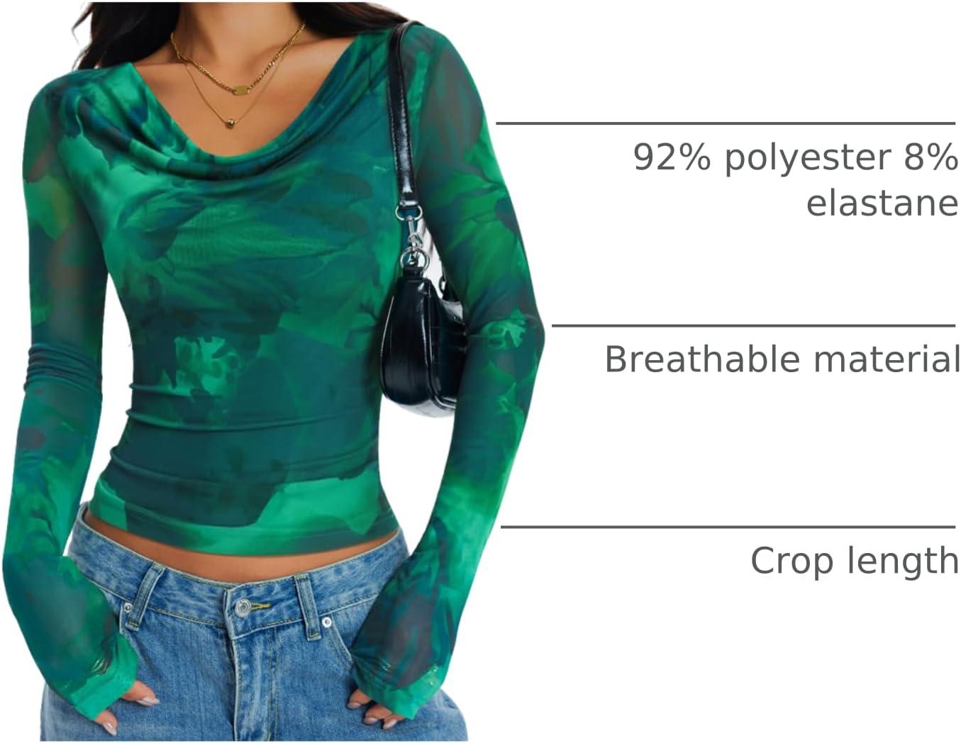 imageZESICA Womens Floral Mesh Long Sleeve Tops 2026 Fall Cowl Neck Slim Fit Going Out Y2k Shirts Trendy Date Night OutfitsGreen