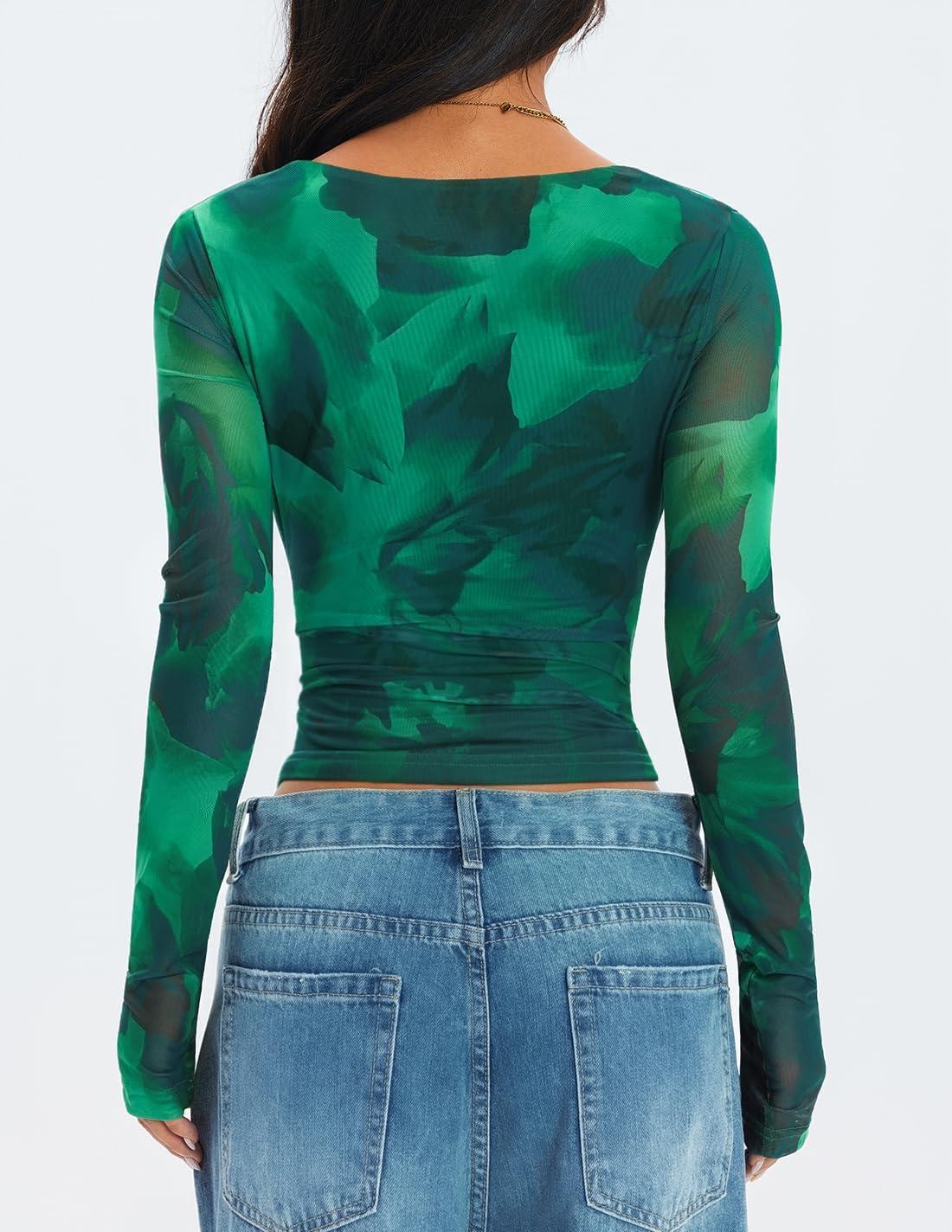 imageZESICA Womens Floral Mesh Long Sleeve Tops 2026 Fall Cowl Neck Slim Fit Going Out Y2k Shirts Trendy Date Night OutfitsGreen