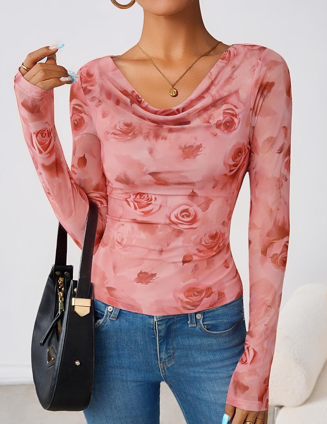 imageZESICA Womens Floral Mesh Long Sleeve Tops 2026 Fall Cowl Neck Slim Fit Going Out Y2k Shirts Trendy Date Night OutfitsPink