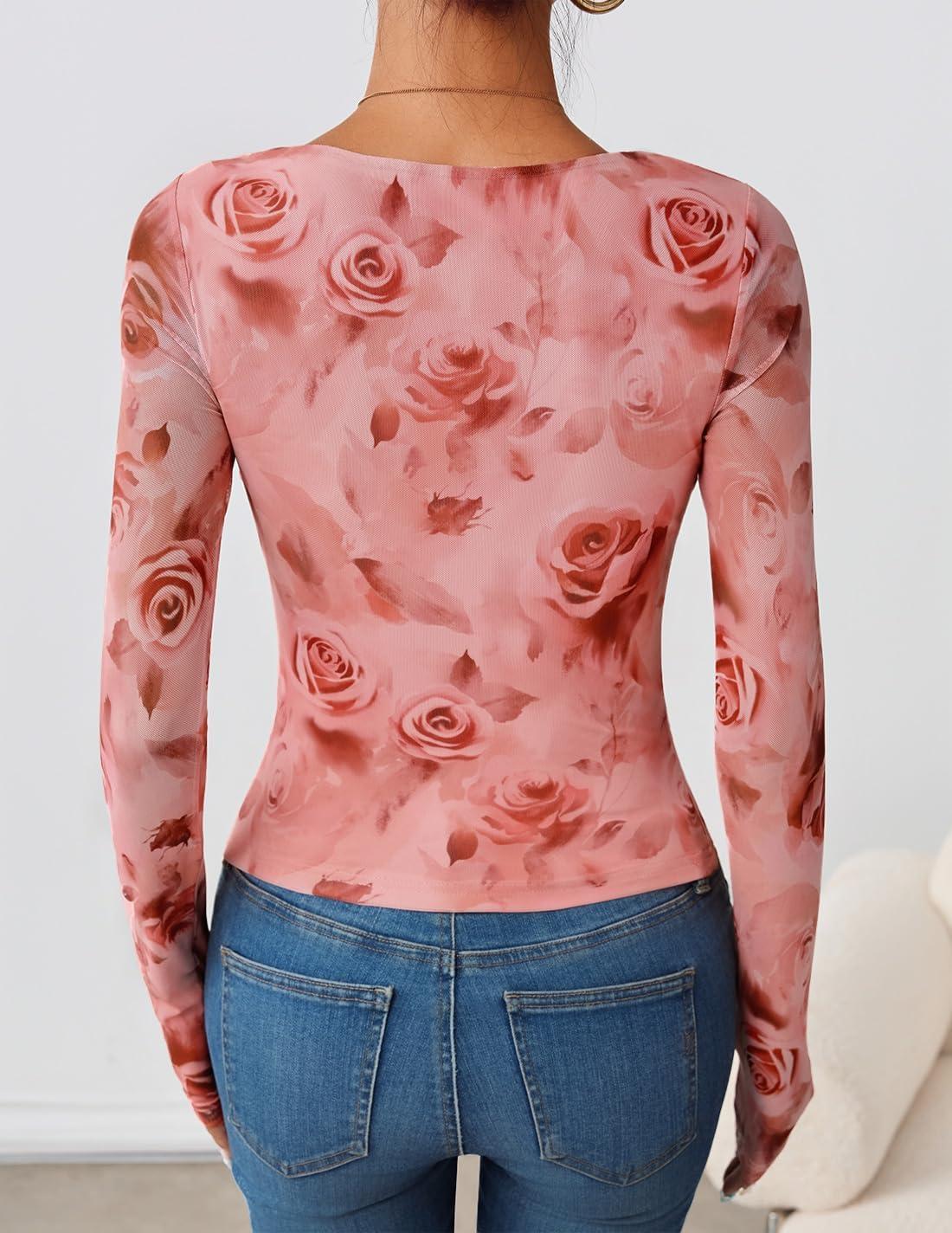 imageZESICA Womens Floral Mesh Long Sleeve Tops 2026 Fall Cowl Neck Slim Fit Going Out Y2k Shirts Trendy Date Night OutfitsPink