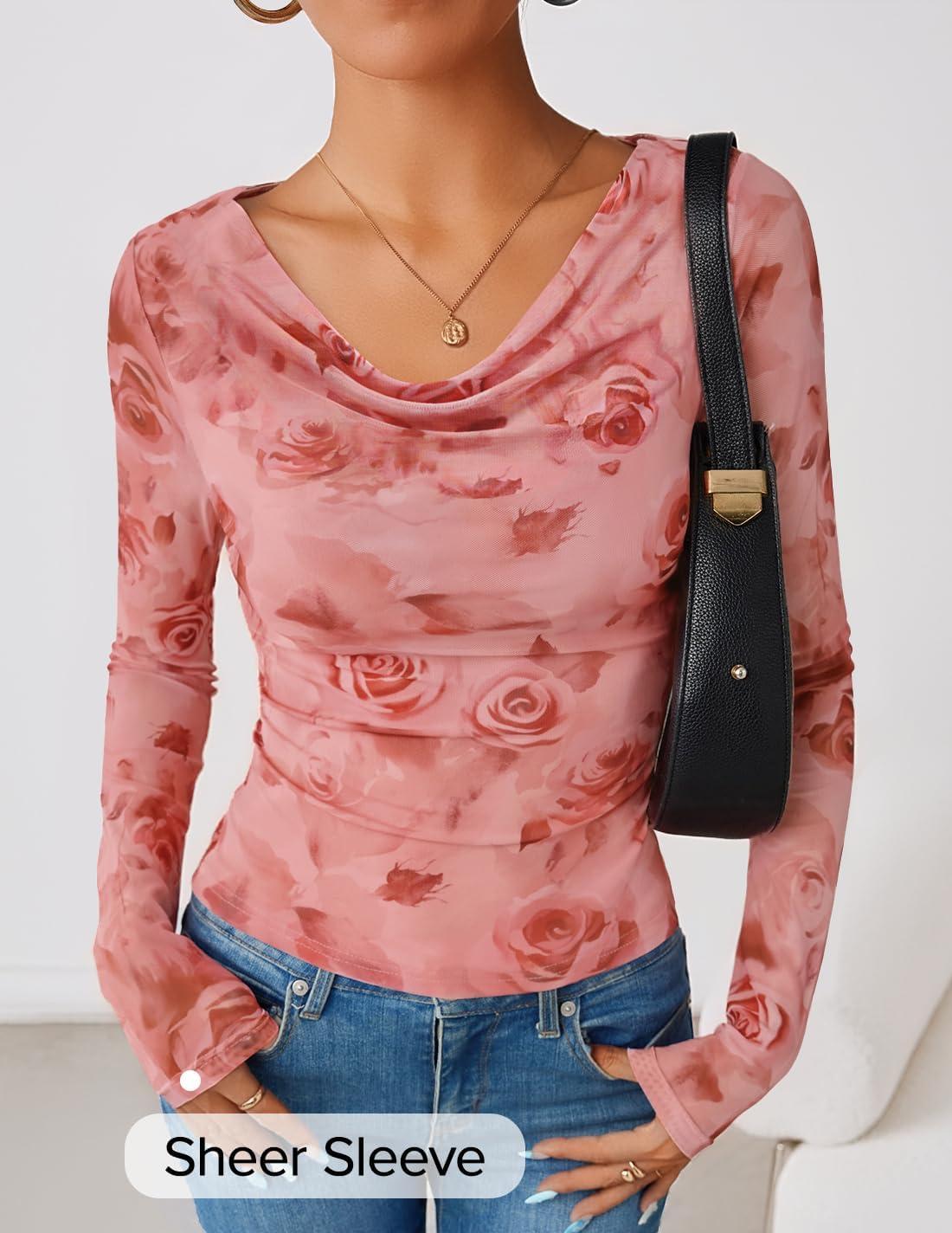 imageZESICA Womens Floral Mesh Long Sleeve Tops 2026 Fall Cowl Neck Slim Fit Going Out Y2k Shirts Trendy Date Night OutfitsPink
