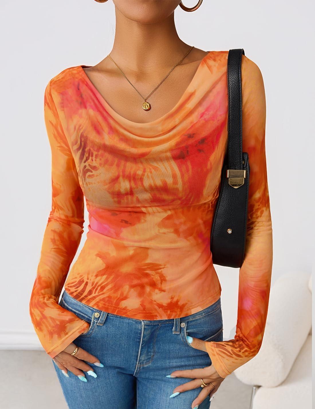 imageZESICA Womens Floral Mesh Long Sleeve Tops 2026 Fall Cowl Neck Slim Fit Going Out Y2k Shirts Trendy Date Night OutfitsTangerine