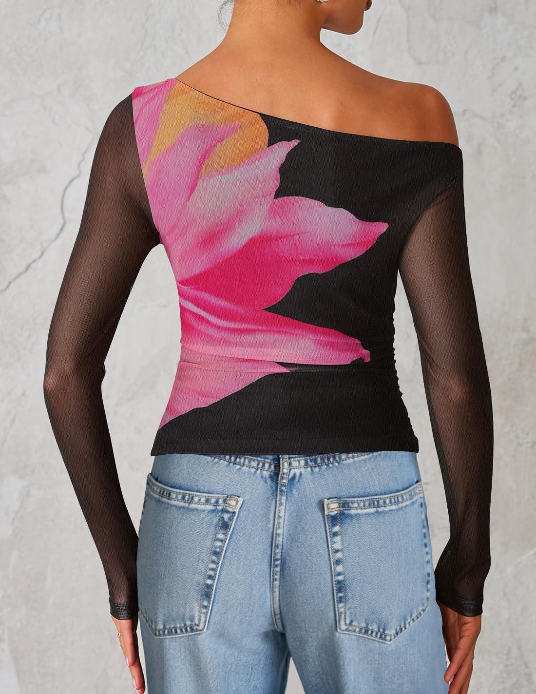 imageZESICA Womens Floral Off Shoulder Long Sleeve Tops 2026 Spring Mesh Ruched Fitted Trendy Going Out Shirts BlousesBlack